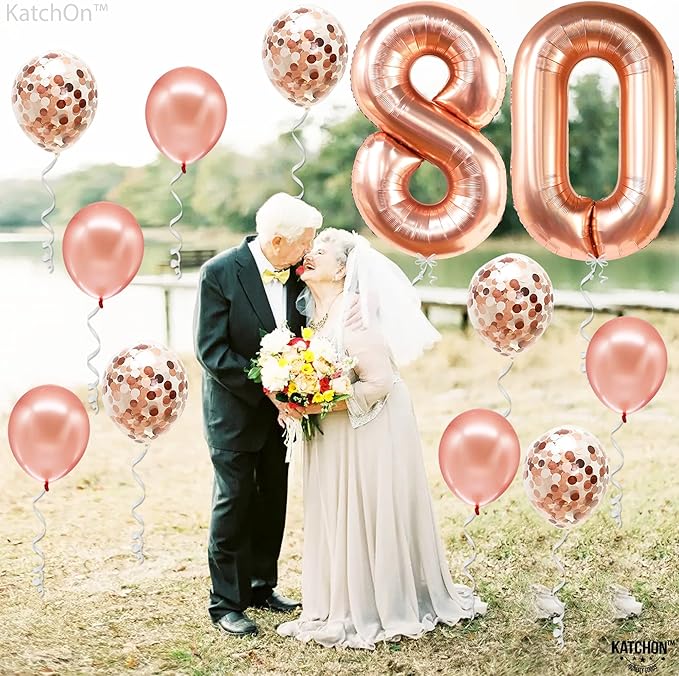 KatchOn, Giant 80th Rose Gold Balloon Numbers - 40 Inch | | Rose Gold 80th Birthday Balloons Set Pack of 12 | Rose Gold for 80 Birthday Decorations for Women, 80 Happy Anniversary Decorations