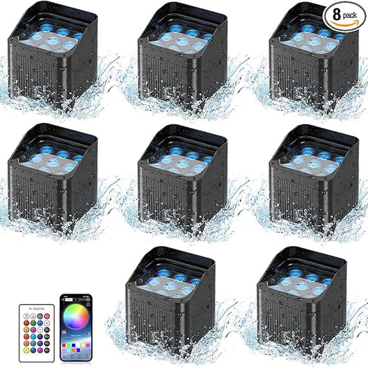 Rechargeable Battery Powered Uplights Waterproof 9X18W LED Par Lights RGBWA+UV 6in1 Full Color APP DMX Stage Uplighting for Event Wedding Party DJ Show Church Halloween Christmas (8 Packs)