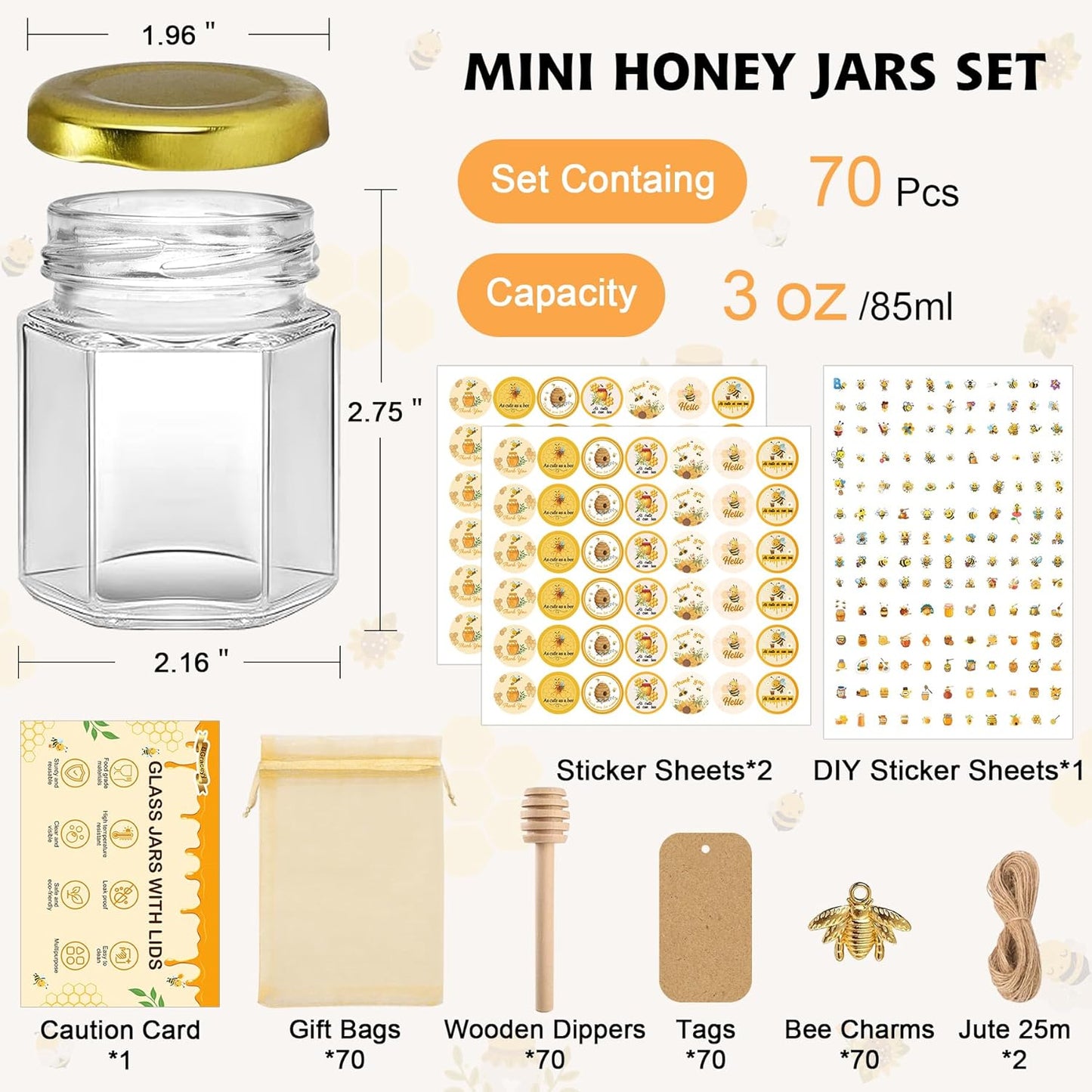 70 Pack 3 oz Mini Hexagon Glass Honey Jars with Dippers, Gold Lids, Bee Stickers, Bee Charms, Gift Bags & Jute– Empty Small Honey Jars for Party Favors Bulk, Ideal for Baby Showers ＆ Weddings