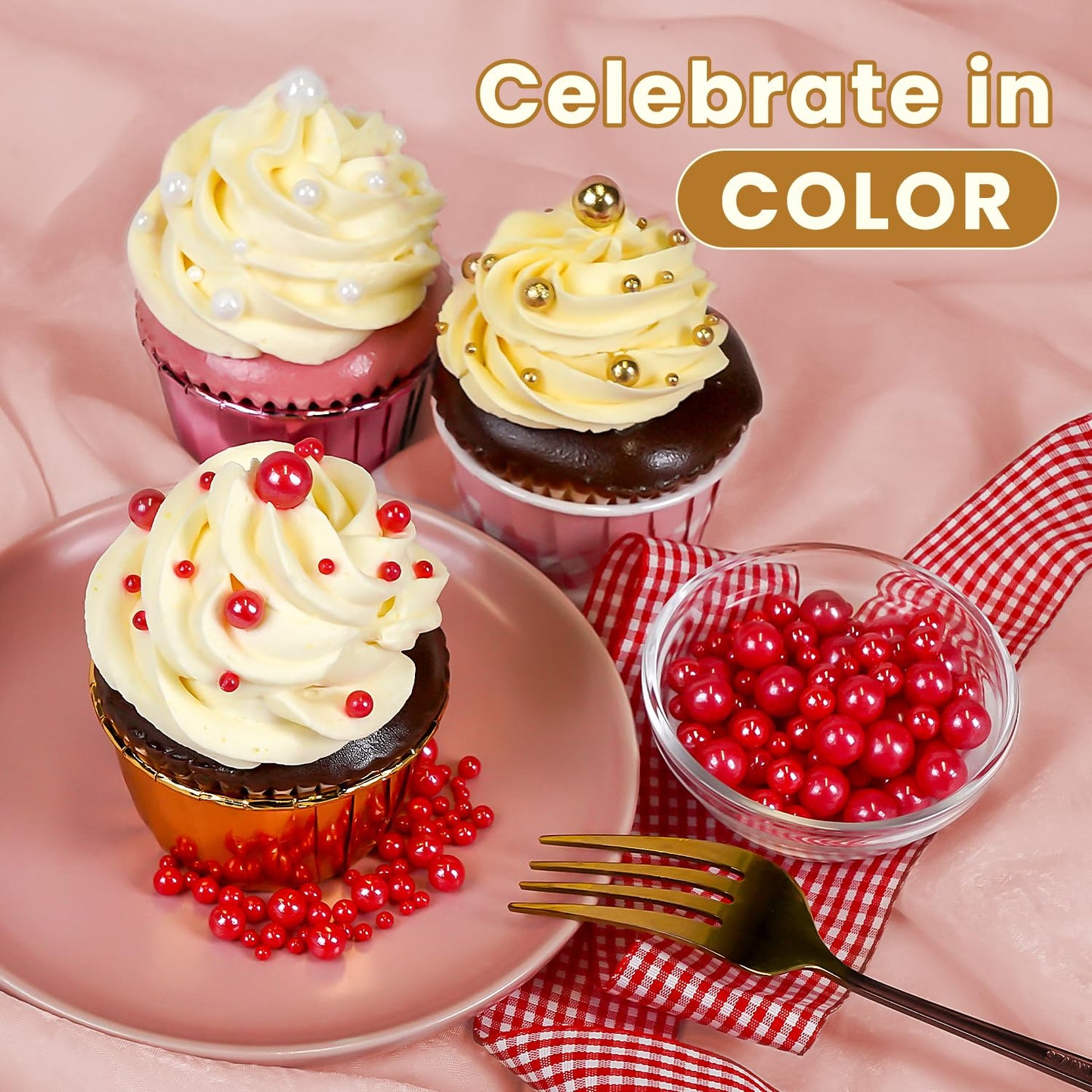 Edible Red Pearl Sprinkles, Red Pearls for Cake Decorating, Mix Size, Baking Edible Cake Decorations & Cupcake Toppers, Cookie Decoration, Wedding Party Chirstmas Supplies, 180g/6.35oz