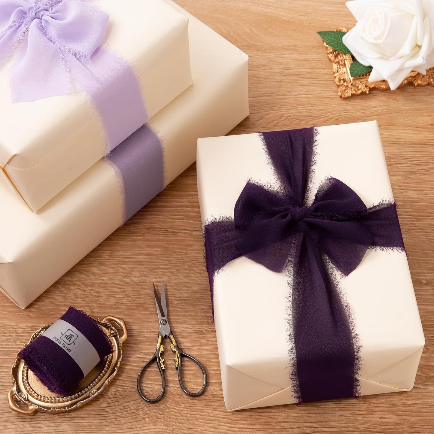 DORIS HOME 2" x21Yd Chiffon Ribbon for Flower Bouquet, Purple Series Fabric Ribbon for Gift Wrapping, Handmade Frayed Ribbon for Wedding/Christmas Decorations