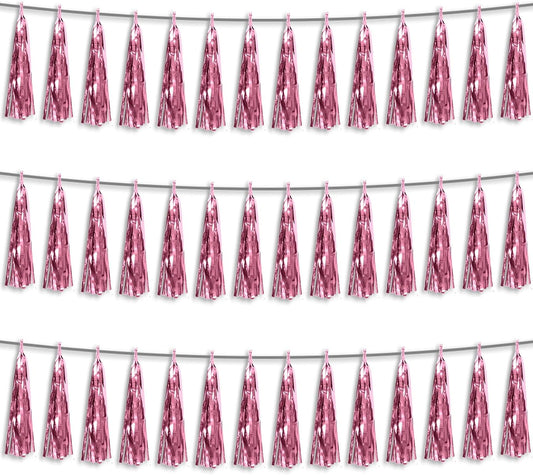 3P Light Pink Foil Fringe Metallic Tassel Streamers Banner Tassel Garland for Parade Floats, Bachelorette, Wedding, Birthday, Halloween, Christmas, Bridal/Baby Shower Party Decorations