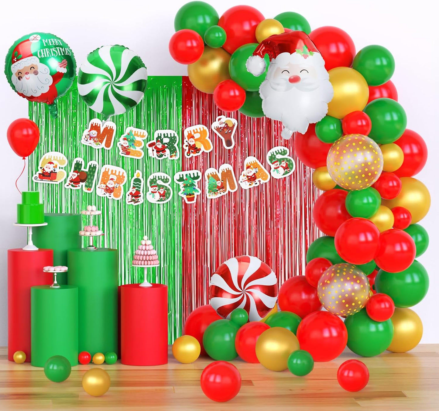 71 Pcs Christmas Balloons Garland Arch Kit Gold Sequined Balloons, Red Green Foil Fringe Curtain Christmas Birthday Backdrop Party Balloons Supplies