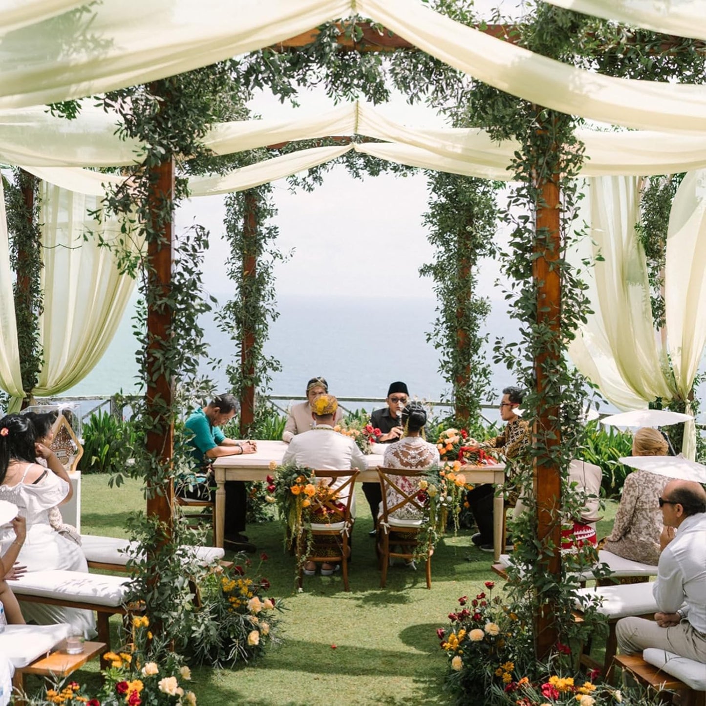 VOK Wedding Arch Draping Fabric Chiffon Fabric, 29in x 18Ft 2 Panels Sheer Chiffon Outdoor Curtain for Wedding Ceremony Birthday Party Decoration (Light Yellow,2 Panel)