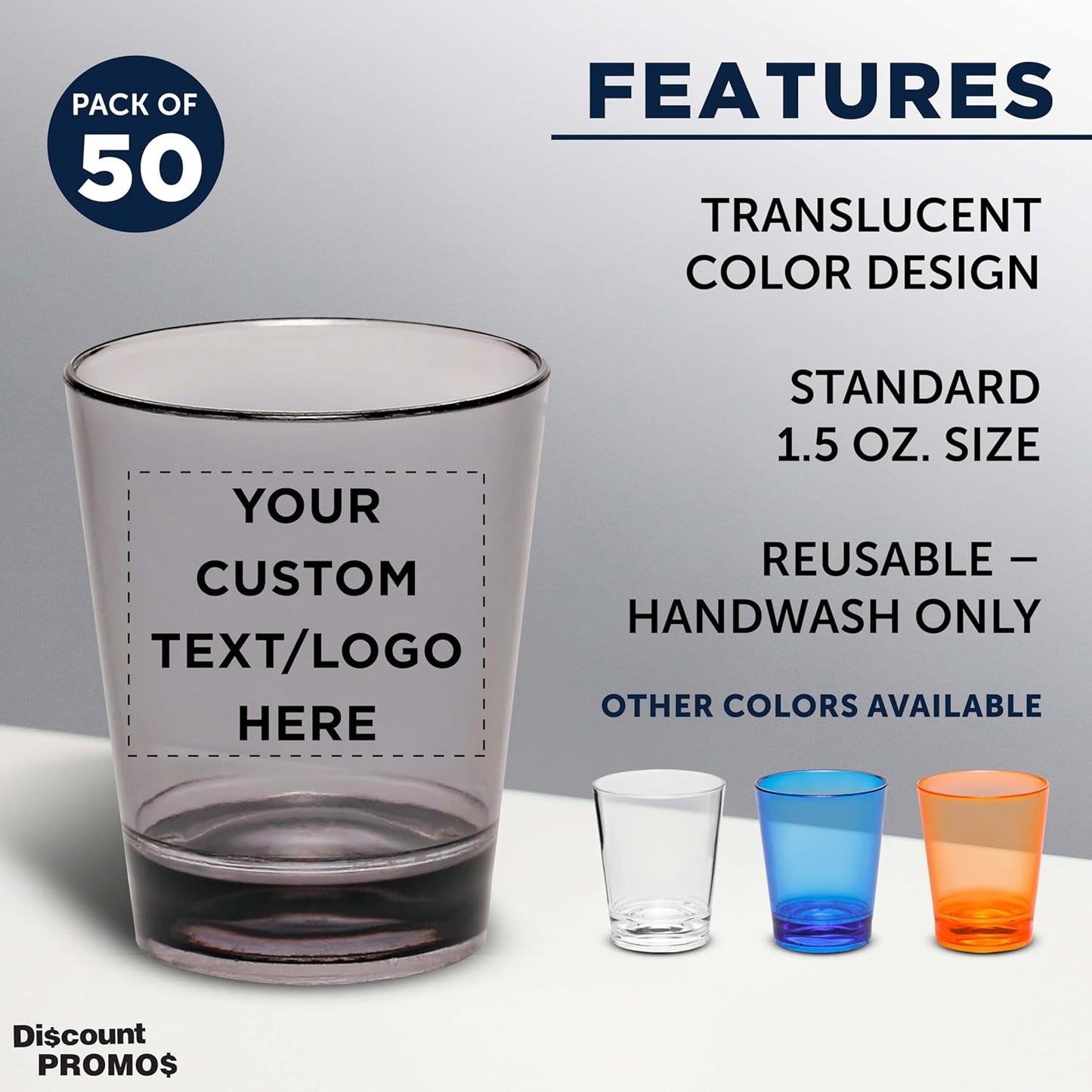 Custom Translucent Plastic Shot Glasses 1.5 oz. Set of 50, Personalized Bulk Pack - Acrylic, Great for Wedding, Party, Birthday, Gifts - Charcoal Black