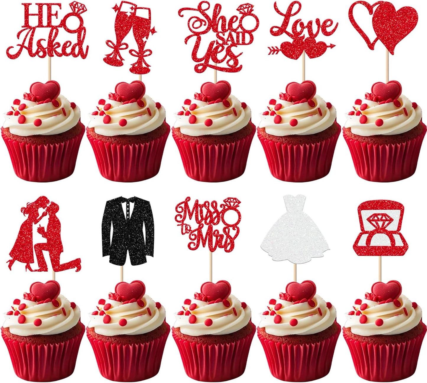 30 Pack Bride to be Cupcake Toppers Glitter Diamond Ring Love I Do Cupcake Picks Miss to Mrs He Asked She Said Yes Bridal Shower Wedding Engagement Bachelorette Cake Decorations Party Red