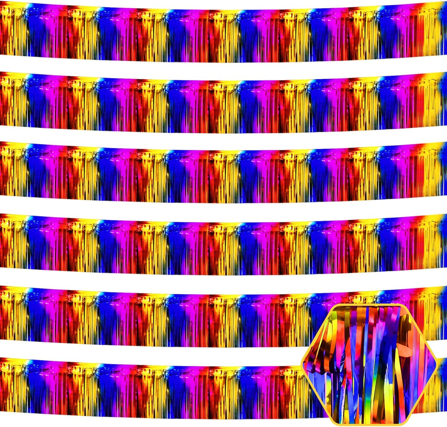 6 Pack 10 Feet Rainbow Foil Fringe Garland Metallic Tinsel Streamers Banner Wall Hanging Curtain Backdrop for Parade Floats, Birthday, Graduate, Mother's Day, Wedding Party Decoration