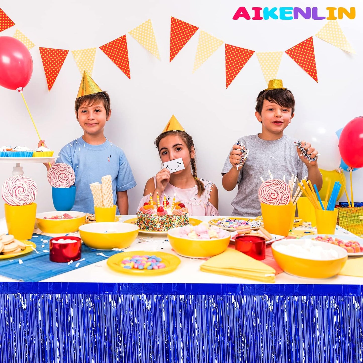 6 Pack 29x108 Inch Metallic Foil Fringe Tinsel Table Skirts Banner for Rectangle Tables Streamer Garland Curtains Backdrop for Wedding, Birthday, Parade Floats, Christmas Party Decoration(Blue)