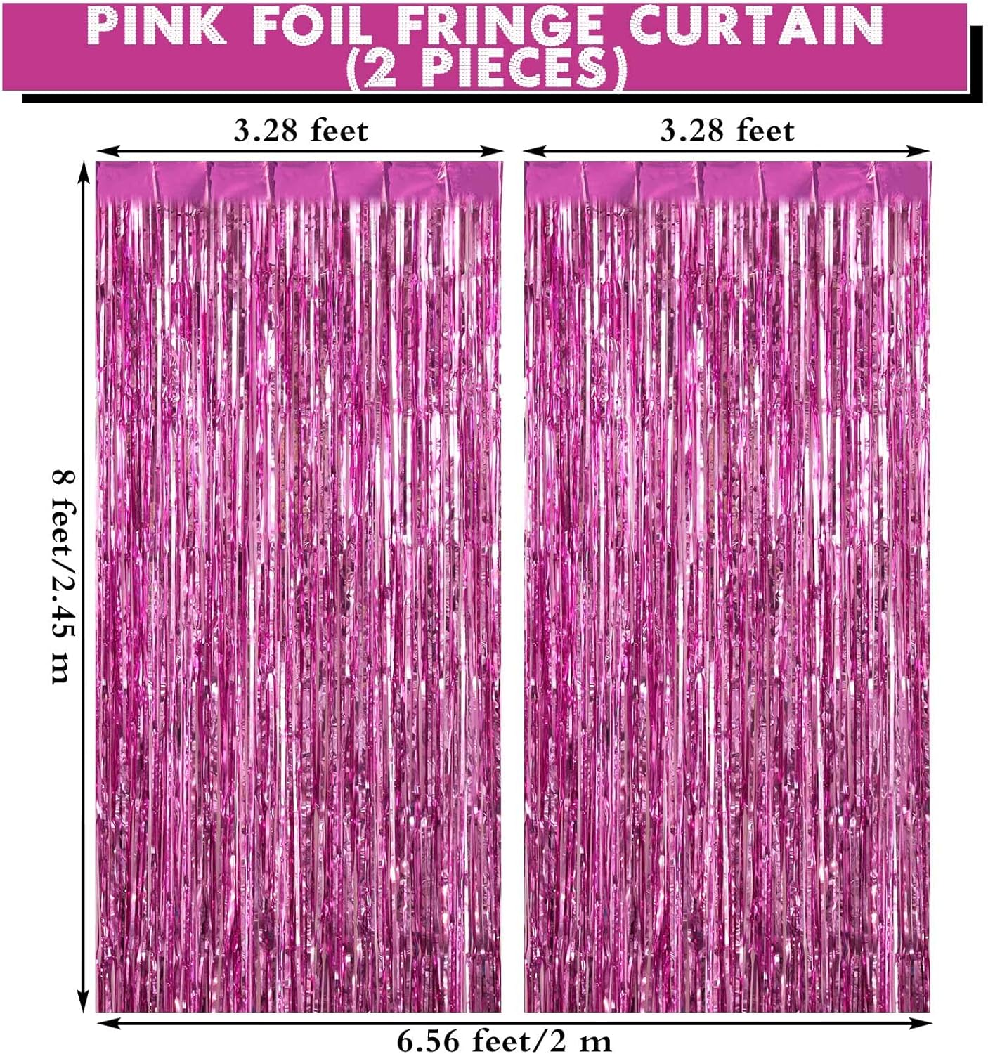 2 Pack Pink Fringe Curtains Foil Shiny Fringe Backdrop Tinsel Door Streamers Foil Curtains for Birthday Wedding Engagement Bridal Shower Celebration Party Decorations Large