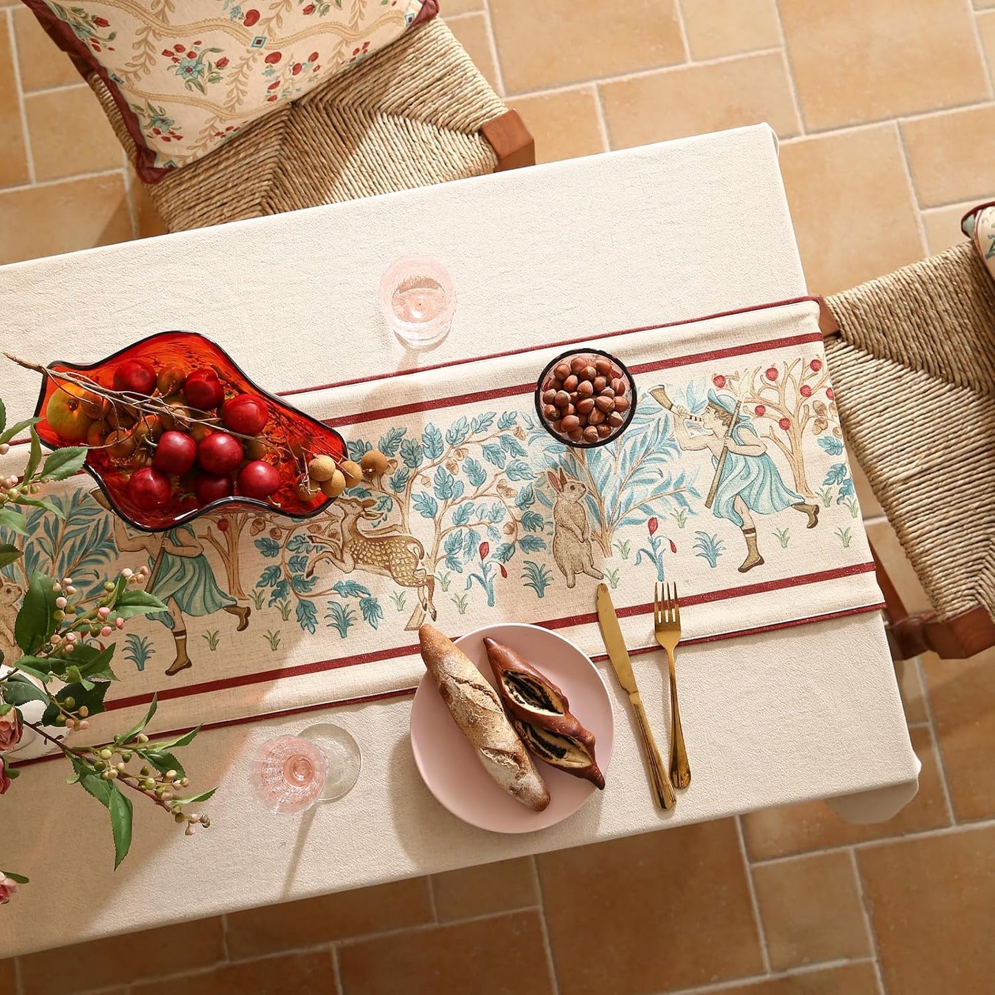 patdrea Designer Idyll Linen Extra Long Table Runner,Vintage Beige Farmhouse with Ancient Spring Figure and Animal Pattern Table Mat, Decoration for Kitchen Dining Banquet Christmas ,12"*102"