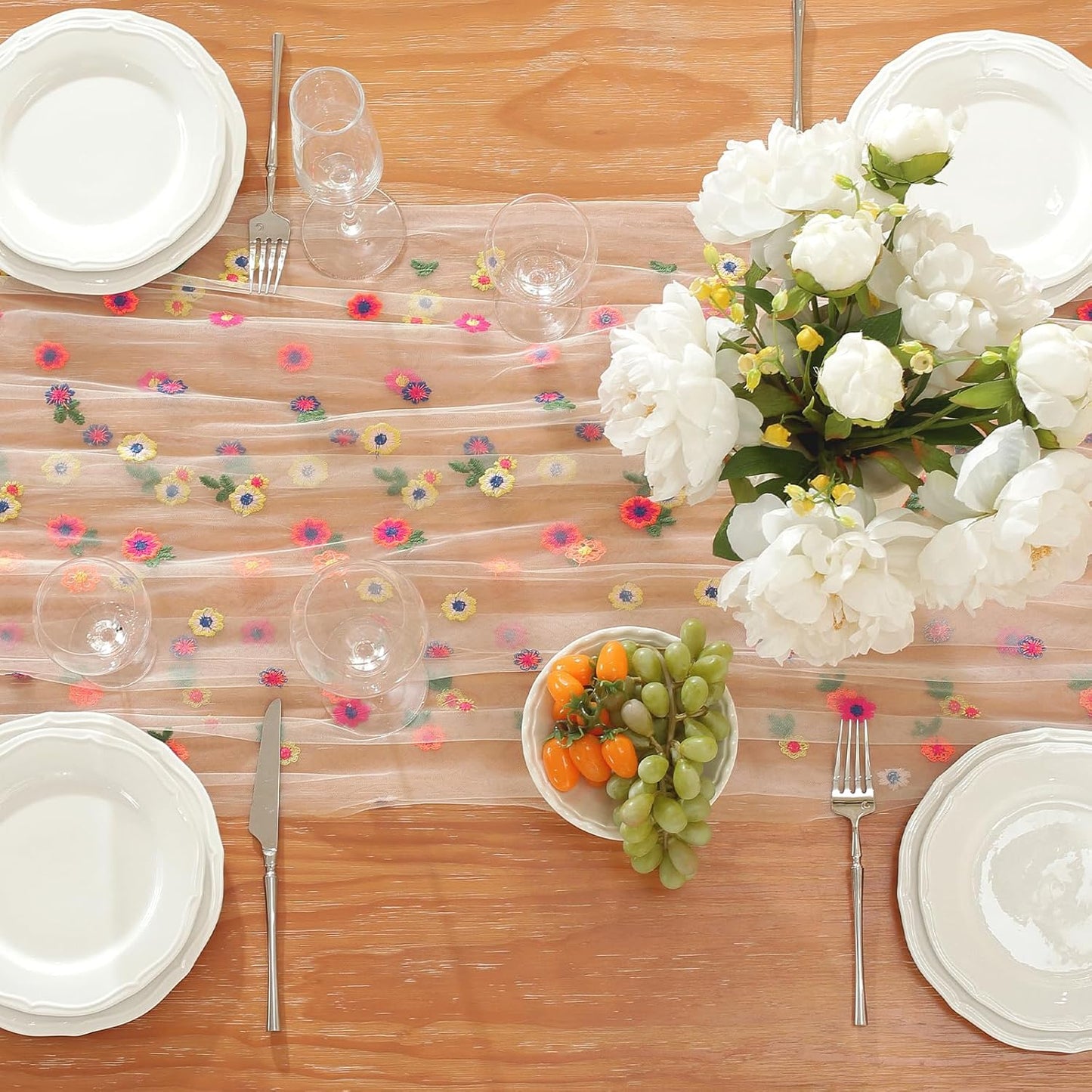 White Embroidery Daisy Fall Table Runner 120Inch 10FT Florals Soft Sheer Tulle Fabric Table Runner for Home Decor, Brithday, Wedding, Baby Shower ,Holiday ,Parties, DIY Craft,1PC
