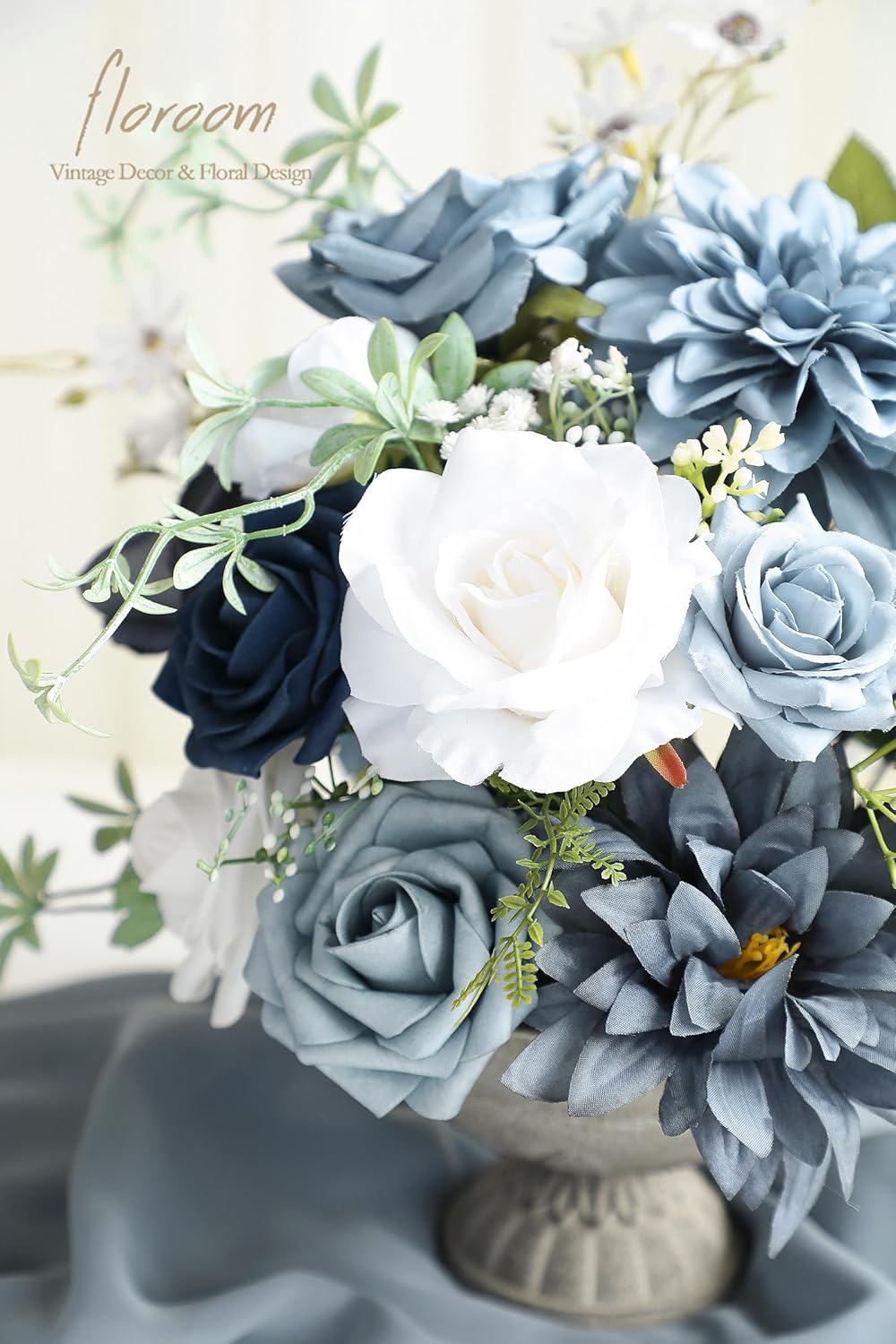 Floroom Dusty Blue Navy Artificial Flowers Fake Roses Peonies Dahlias and Greenery Combo Box Set for DIY Wedding Bouquets Bridal Shower Centerpieces Floral Arrangements Party Tables Home Decorations