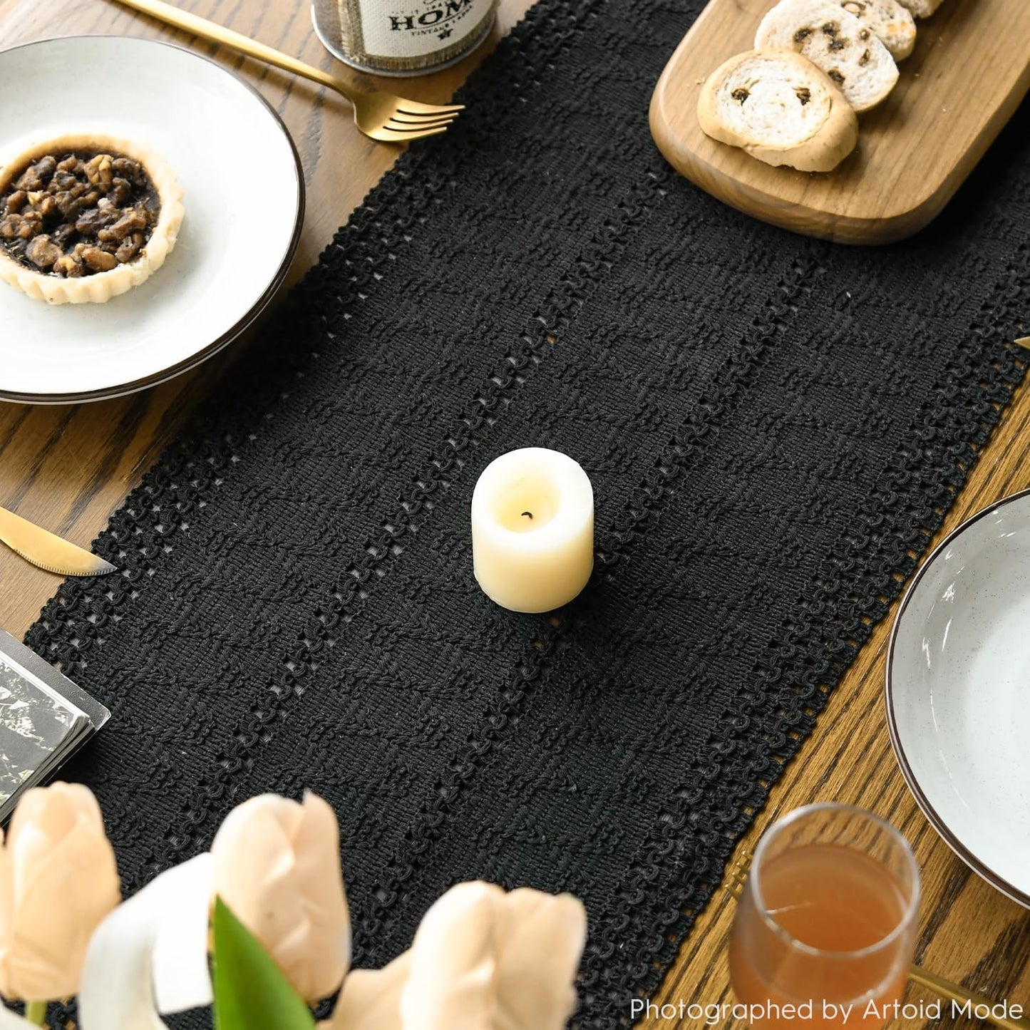 Artoid Mode Black Farmhouse Woven Rustic Hollow Table Runner, Seasonal Holiday Hollow Kitchen Dining Table Decoration for Home Party Decor 12x120 Inch