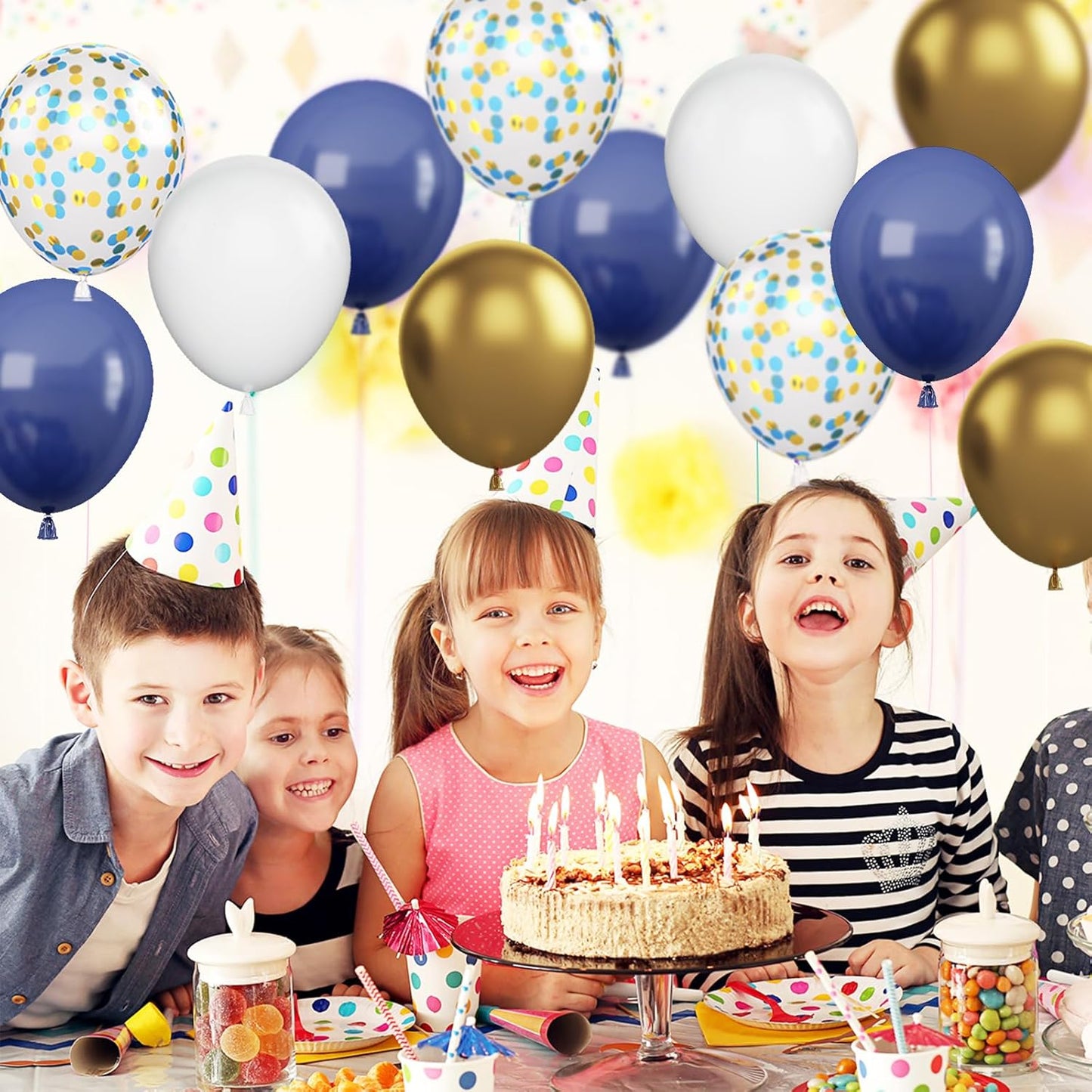 Navy Blue and Gold Balloons, 60Pcs Night Blue Gold Balloons, 12 Inch Metallic Gold Blue Confetti Balloons White Latex Balloons for Boys Birthday Baby Shower Wedding Graduation Party Decorations