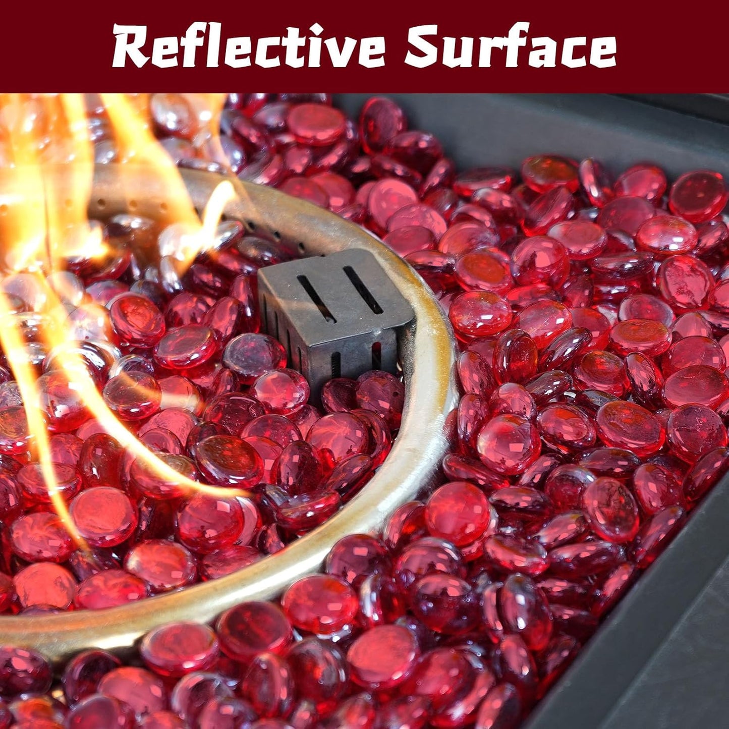 Fire Pit Glass Beads, Red Luster Reflective Tempered Glass Rocks for Natural, Propane or Gas Fireplace, Fire Pit Table, Marbles for Vase, Landscaping, Home Decor, 10lb