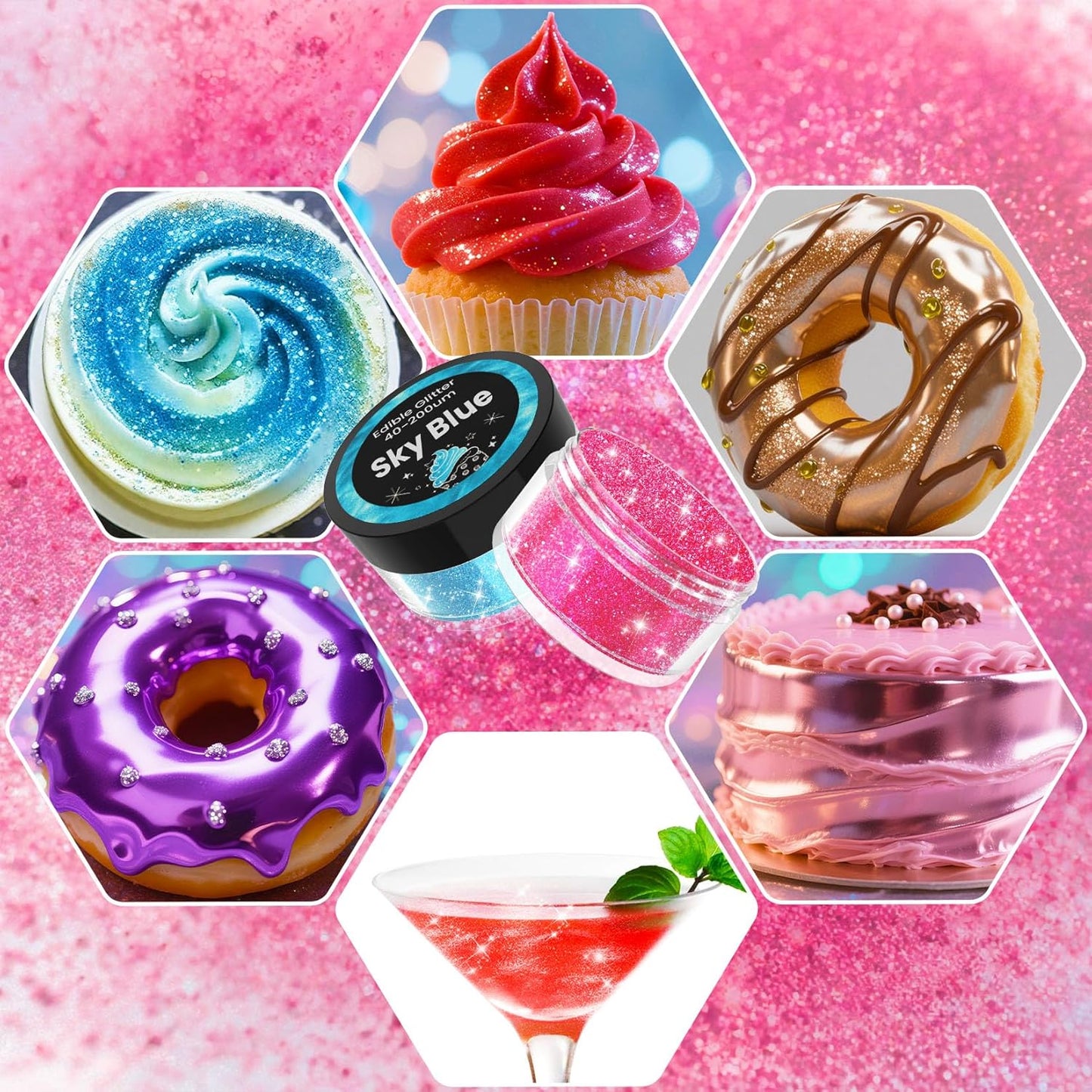 Edible Glitter for Drinks - 20 Glimmer Colors Luster Dust Edible, Food Grade Shimmering Cake Decorating Edible Glitter for Cocktail, Cakes, Chocolate, Strawberries, Beverage, Vegan - 2g/bottle