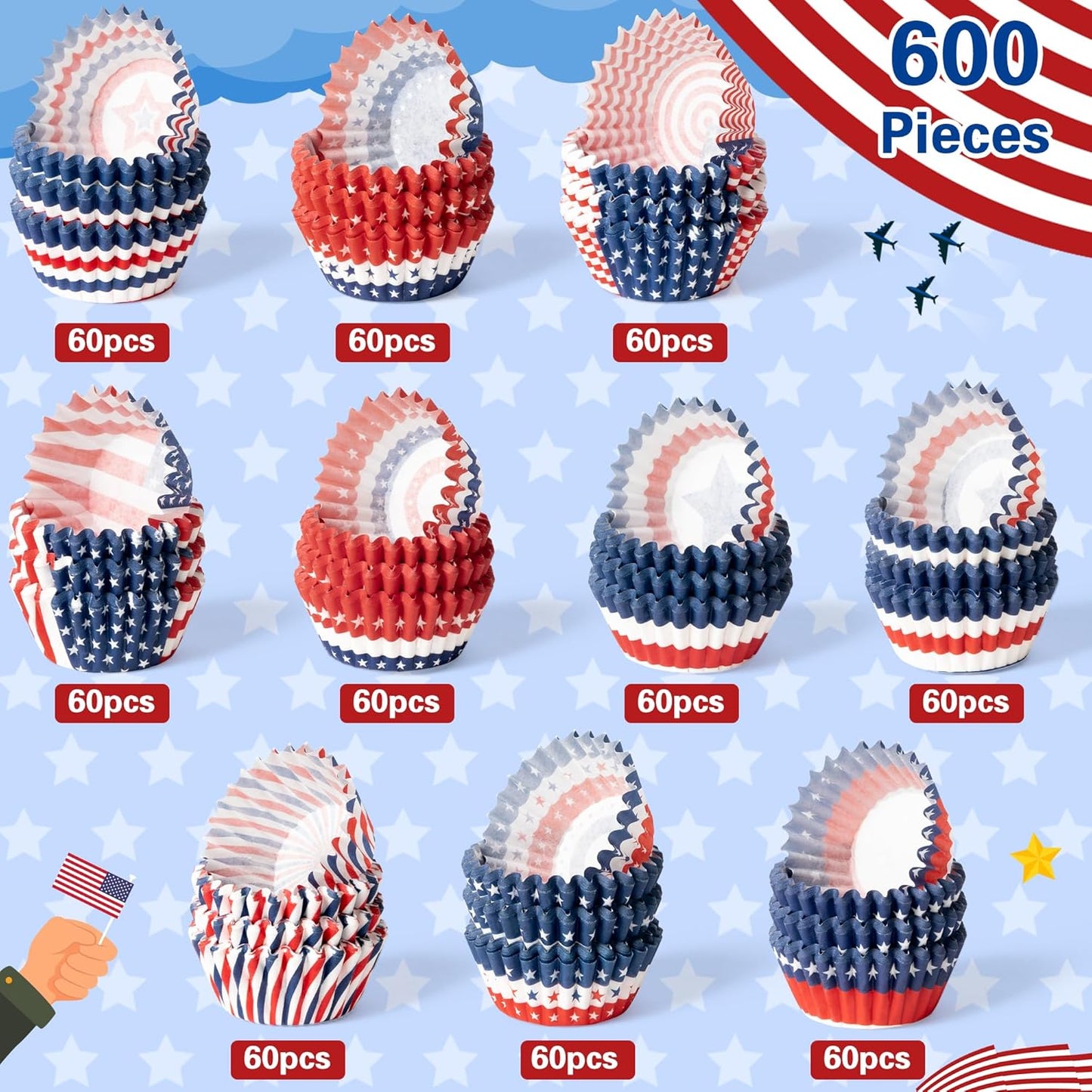 COcnny American Flag Cupcake Liners - 600pcs Patriotic Mini Baking Cups Muffin Paper Case Cupcake Wrappers for Memorial Day, July 4th Cake Chocolate Candy Wrap Supplies for Independence Day(10 Styles)