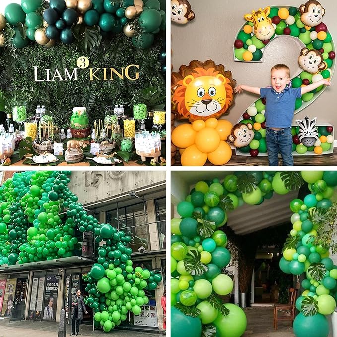 PartyWoo Green Balloons 65pcs 12 Inch Light Lime Dark Emerald Hunter Forest Metallic Green Gold Confetti Balloons for Baby Shower Wedding Engagement Jungle Woodland Birthday Party Decorations