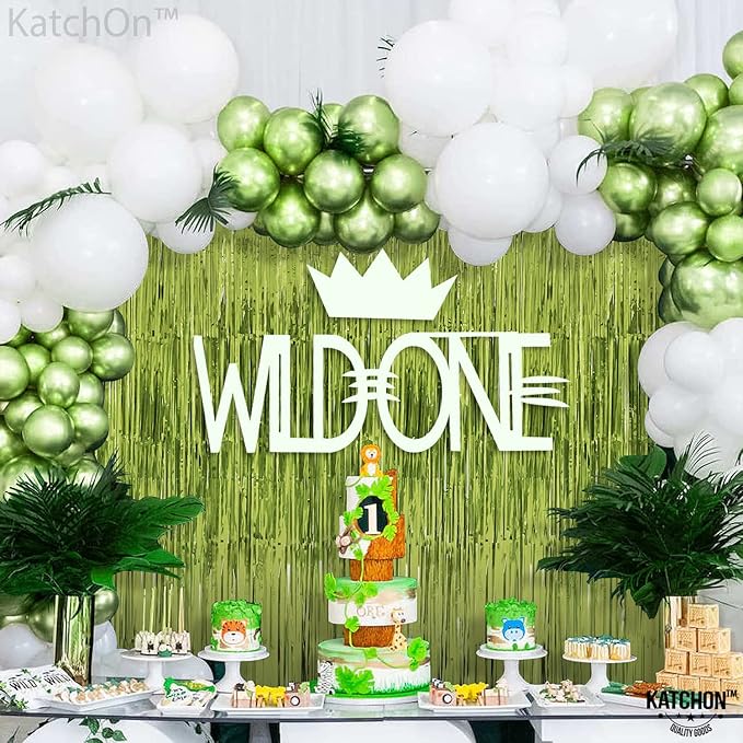 KatchOn, XtraLarge Sage Green Foil Fringe Curtain - 3.2x8 Ft, Pack of 2 | Sage Green Backdrop for Wild One Birthday Decorations | Streamer Backdrops for Jungle, Safari, Dinosaur Party Decorations