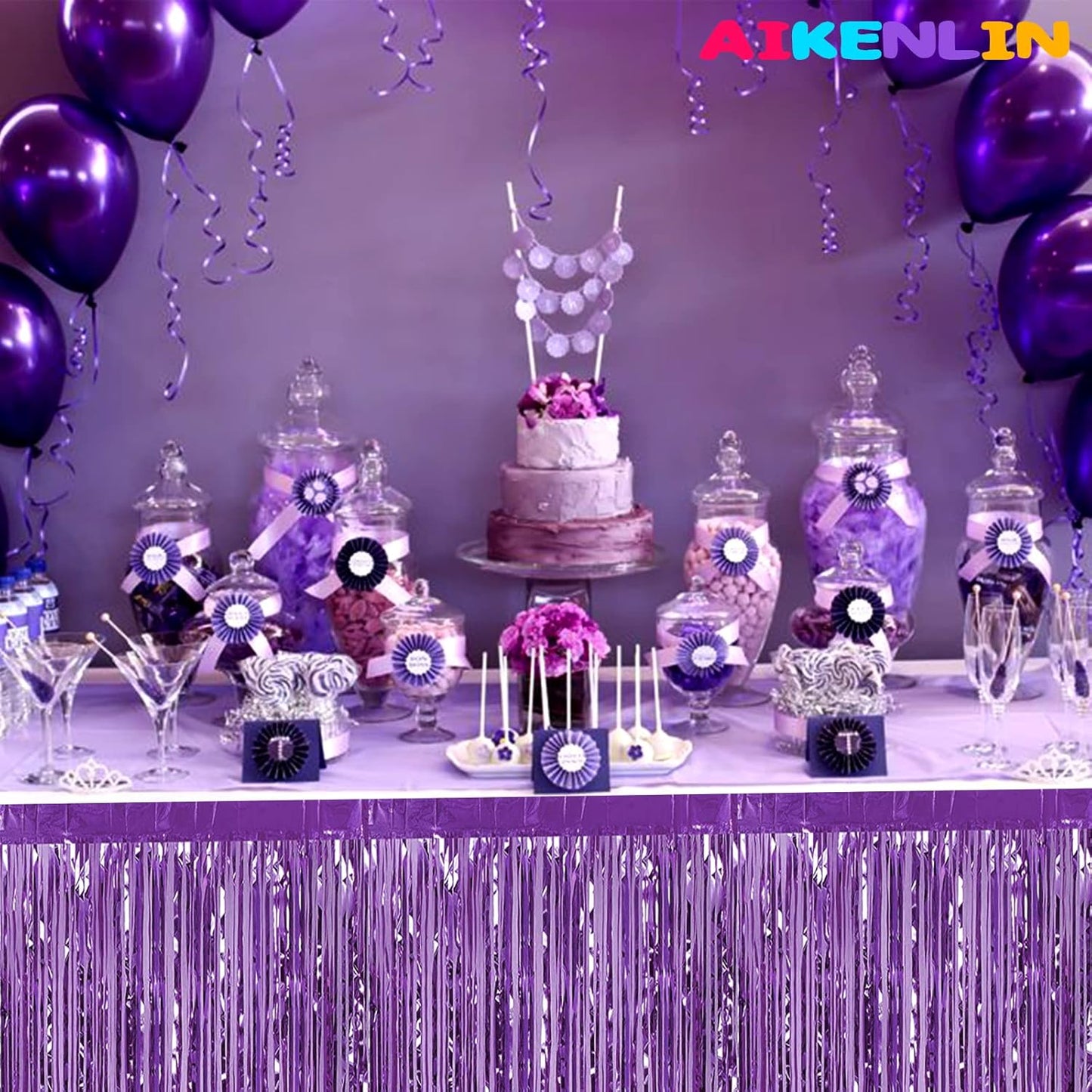6 Pack 29x108 Inch Metallic Foil Fringe Tinsel Table Skirts Banner for Rectangle Tables Streamer Garland Backdrop for Wedding, Birthday, Parade Floats, Christmas Party Decoration(Light Purple)