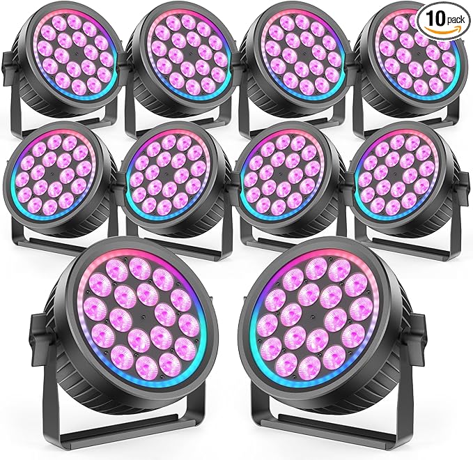 200W Aluminum Cast Fanless & Silent Stage Lights, 4 in 1 RGBW LED Par Lights with Dynamic Aperture, DMX512/Auto/Sound Activated Par Can Uplights for Events Wedding Bar Party Stage - 10Packs