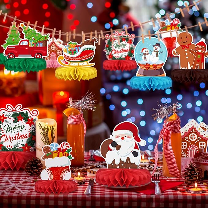 Merry Christmas Party Decorations Bundle - Includes Festive Christmas Honeycomb Centerpieces ，Santa Claus Snowman Table Toppers, Perfect for Classroom Decor, Christmas & Winter Birthday Party Supplies