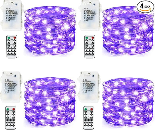 Fairy Lights Battery Operated 100 LED 33 ft Twinkle Starry Firefly LED String Lights with Timer 8 Modes Remote Waterproof for Christmas Party Bedroom Wedding 4 Pack (Purple)