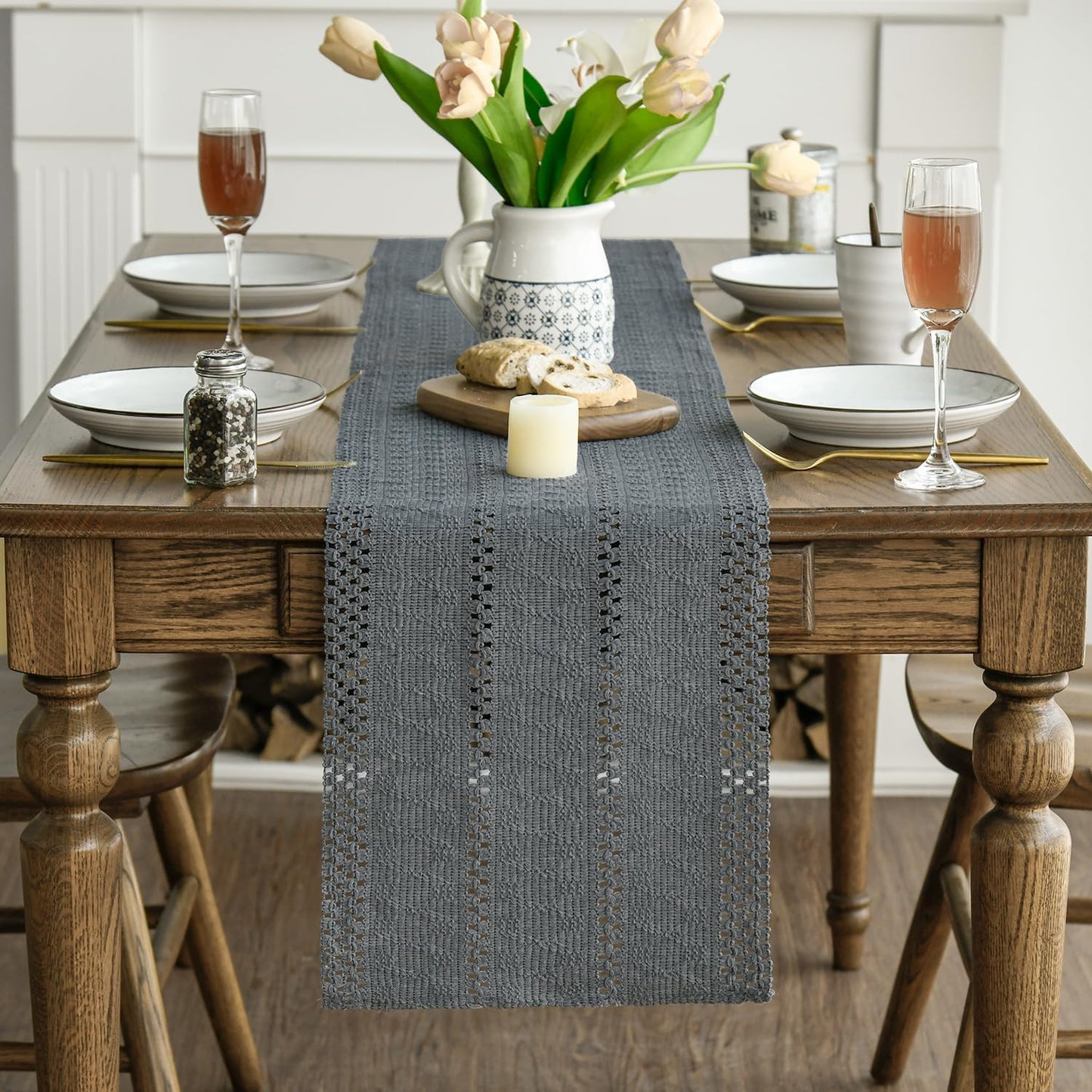 Artoid Mode Dark Grey Farmhouse Woven Rustic Hollow Table Runner, Seasonal Holiday Hollow Kitchen Dining Table Decoration for Home Party Decor 12x72 Inch