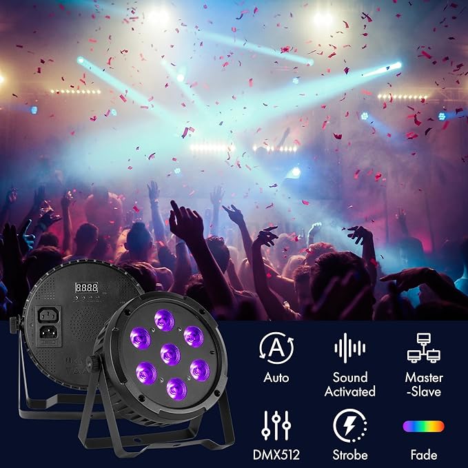 84W LED Par Can Lights, 6-in-1 RGBWA+UV Pro Led Stage Lighting with DMX512 & Remote, Pulse Change, Strobe, Sound Activation for Stage, Party, Wedding, and DJ Events (1-Pack)