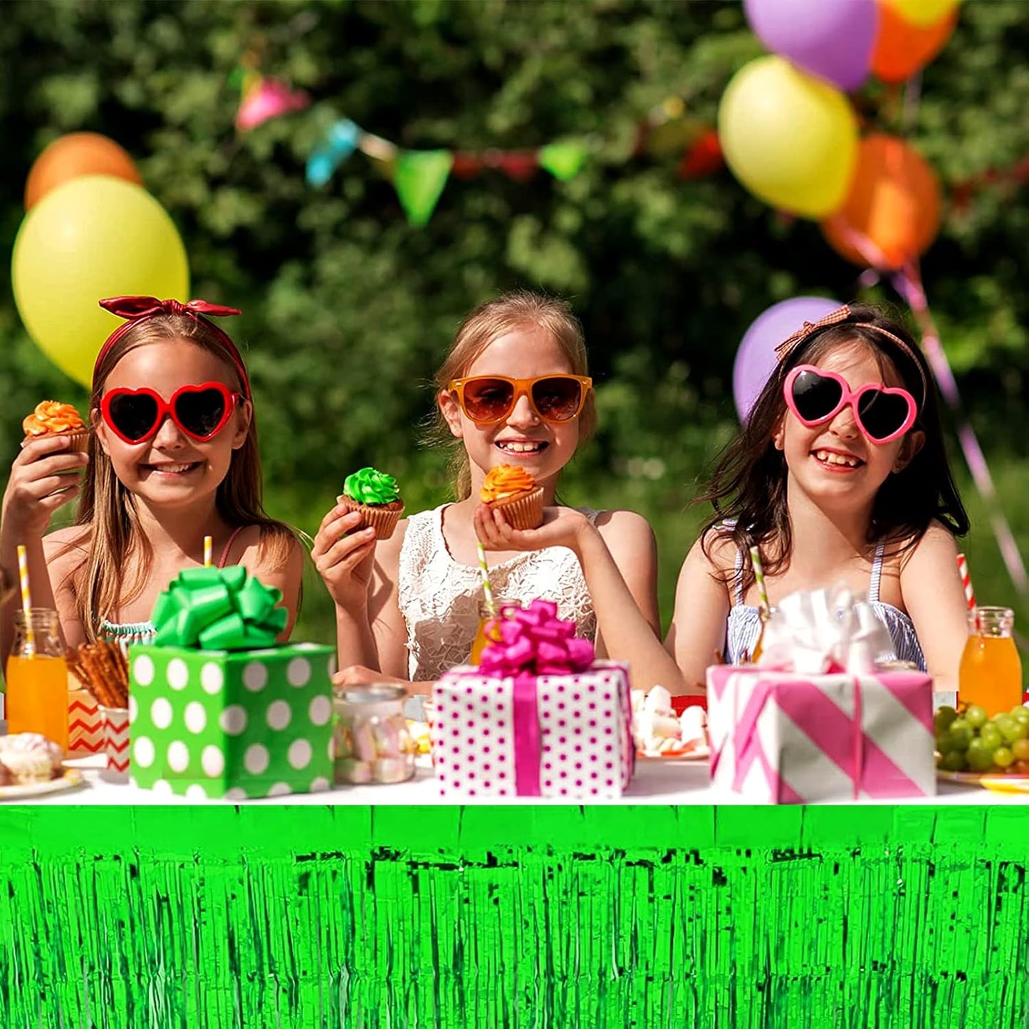 4 Pack 29x108 Inch Metallic Foil Fringe Tinsel Table Skirts for Rectangle Tables Streamer Curtains Backdrop for Wedding, Birthday, Parade Floats, Christmas, Halloween Party Decoration(Green)