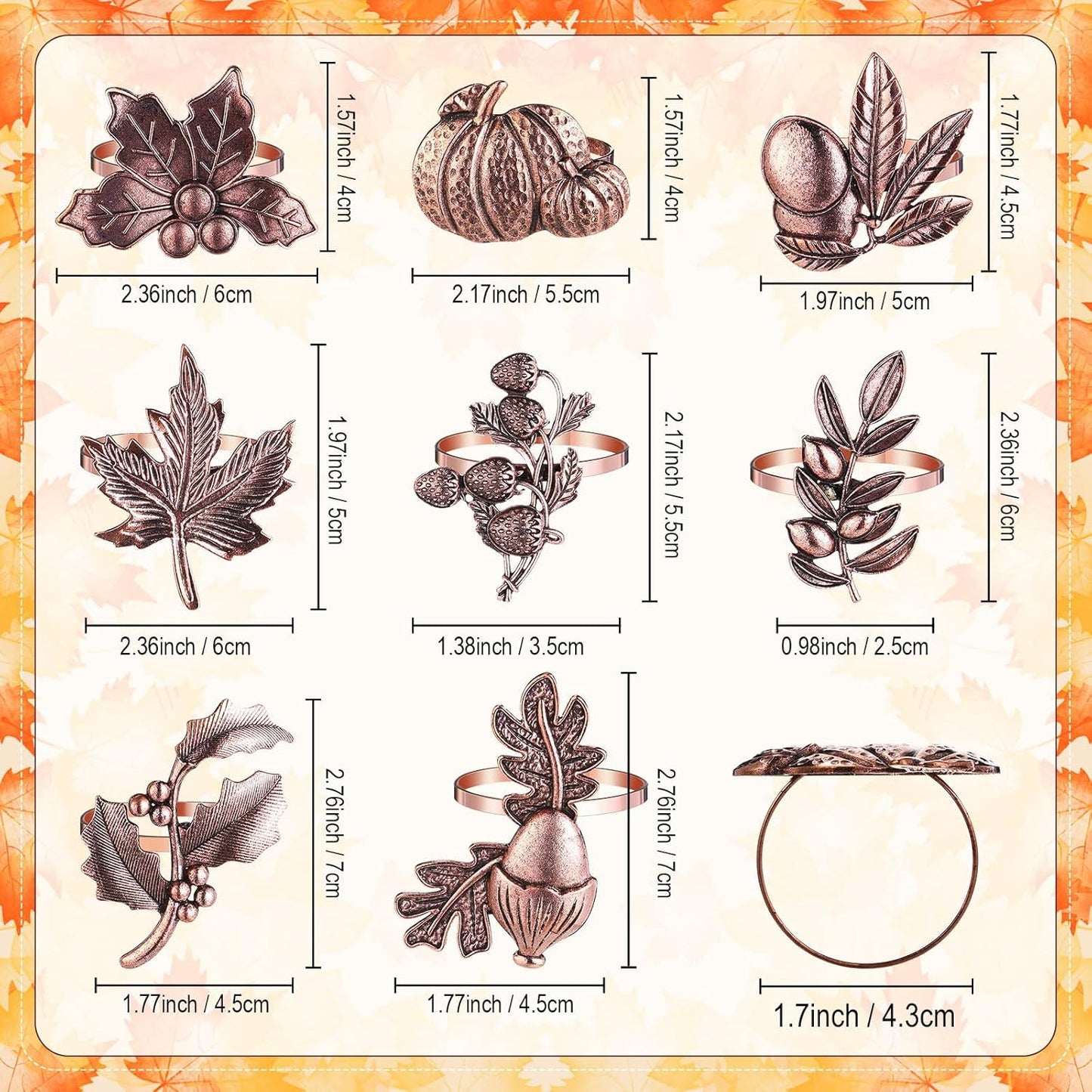 Remerry 8 Pcs Thanksgiving Napkin Ring Harvest Fall Leaf Pumpkin Holders Retro Alloy Metal Napkin Ring Buckle for Thanksgiving Wedding Table Supplies(Fruit and Vegetable)