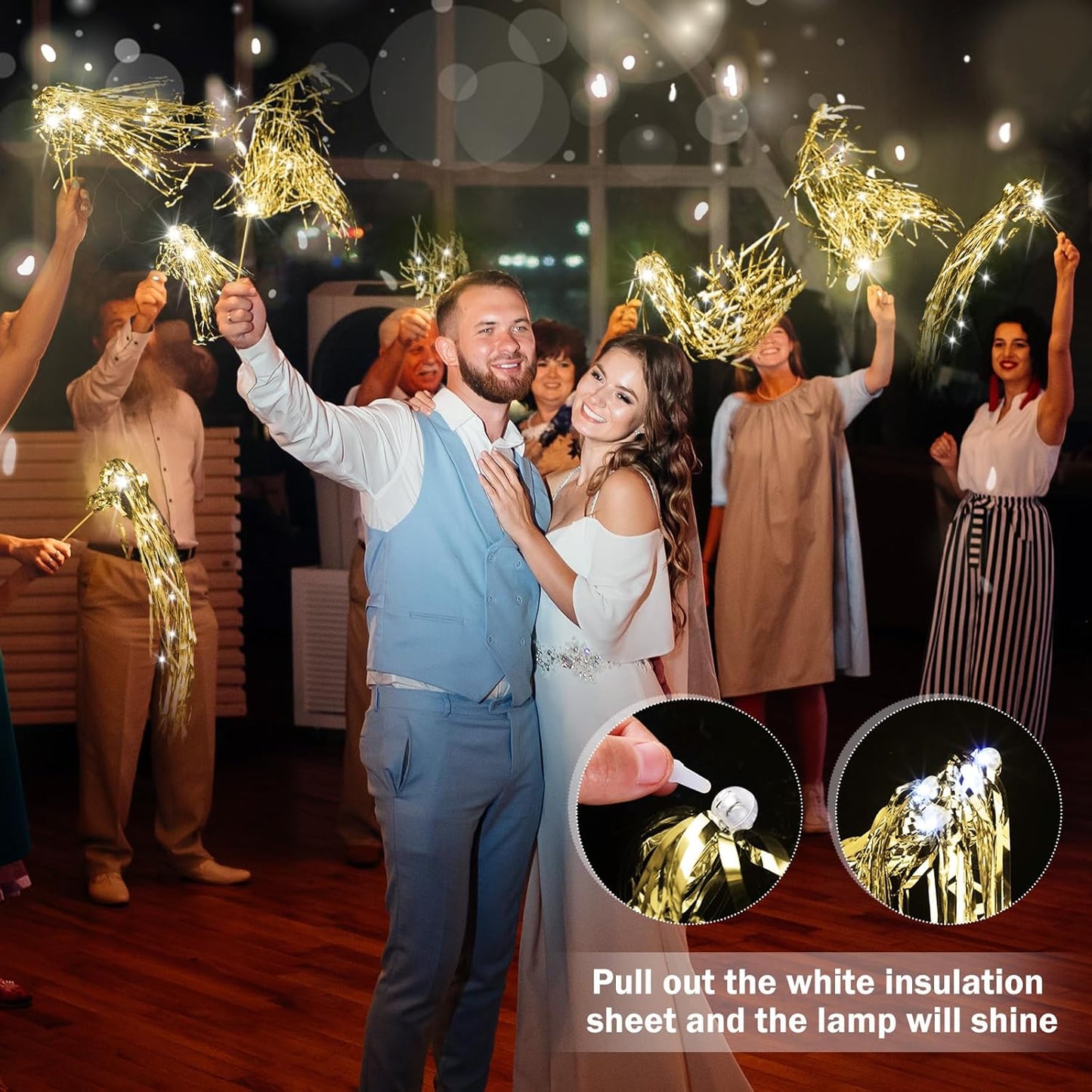 100 Pcs Lighted Wedding Wands LED Tinsel Wands Light up Streamers Sparklers for Wedding Send Off and Exits Birthday Party Props Favors(Gold)
