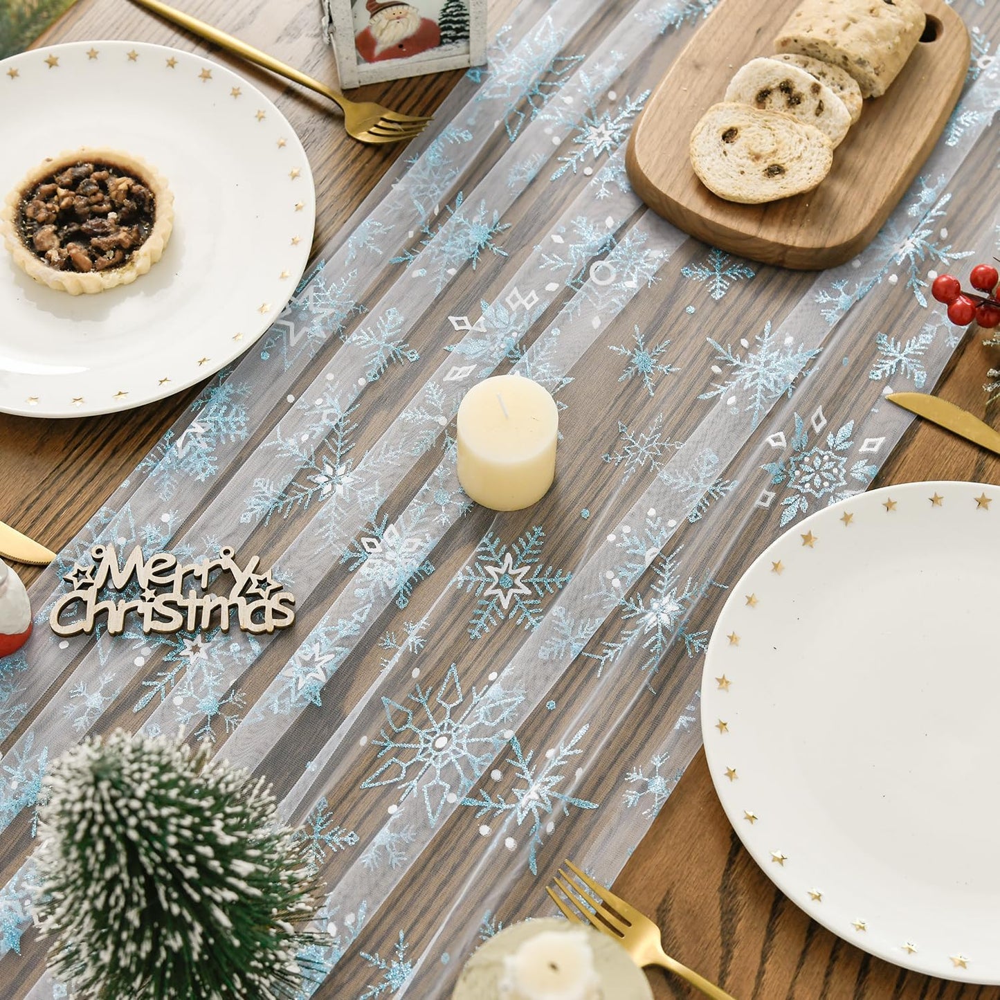 Artoid Mode Blue Snowflakes Merry Christmas Gauze Table Runner 120 Inch 10FT, Winter Seasonal Sheer Dining Holiday Wedding Table Decor for Home Party
