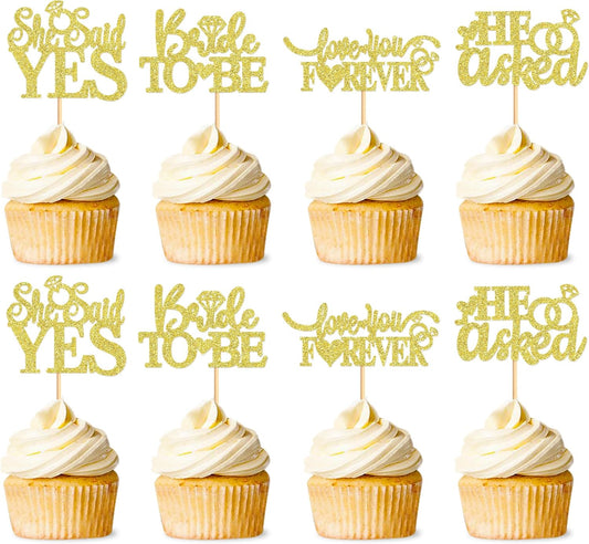 24 Pcs He Asked She Said Yes Cupcake Toppers Cake Picks for Wedding Engagement Party Cake Picks for Wedding Bridal Shower Party Cake Decorations golden