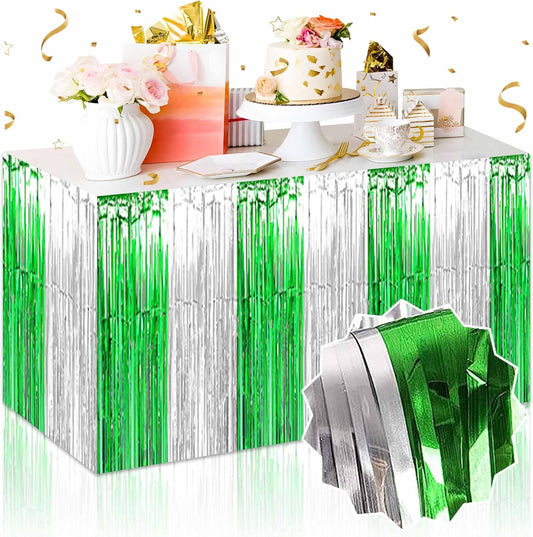 3 Pack 29 x108 Inch Silver Green Foil Fringe Table Skirts Metallic Banner for Tinsel Streamer Garland Backdrop for Parade Floats Mother's Day, Graduate, Birthday, Wedding Party Decoration