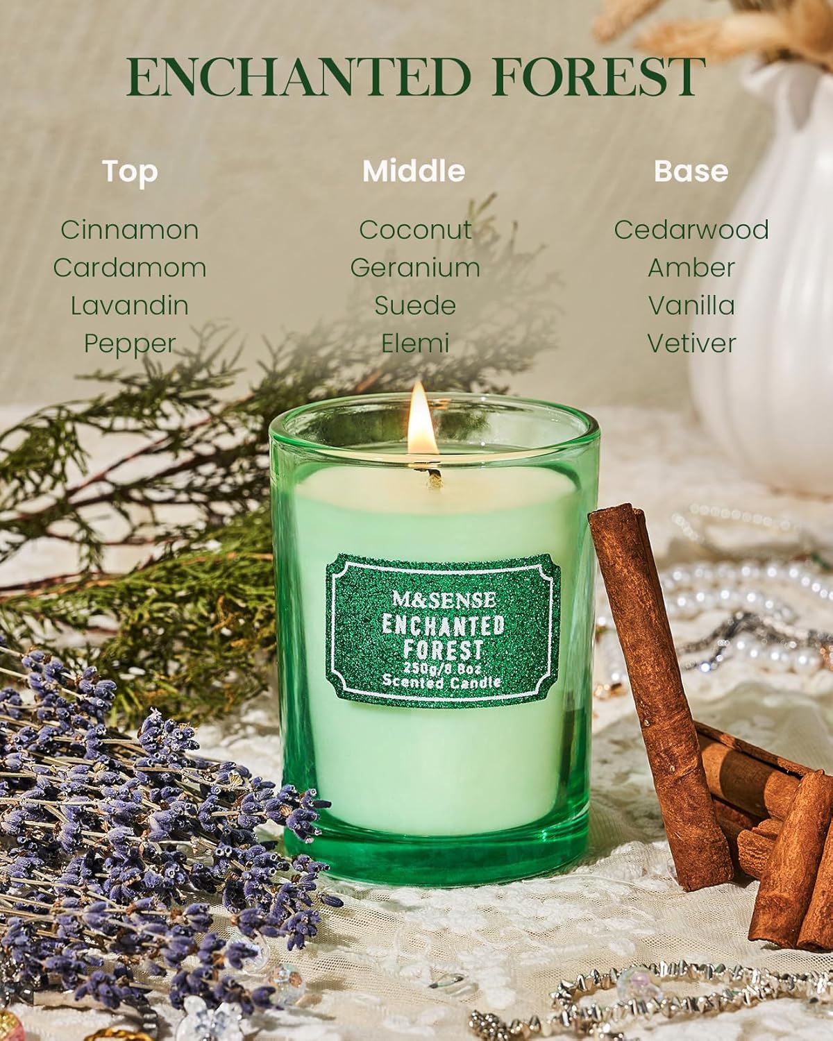 M&SENSE Cederwood Scented Candles, Classic Size 8.8 oz Glitter Jar Candle, Holiday Gifts for Women, Strong Scented Natural Soy Candle for Winter Home Decor, 50 Hours Long Burning Candles