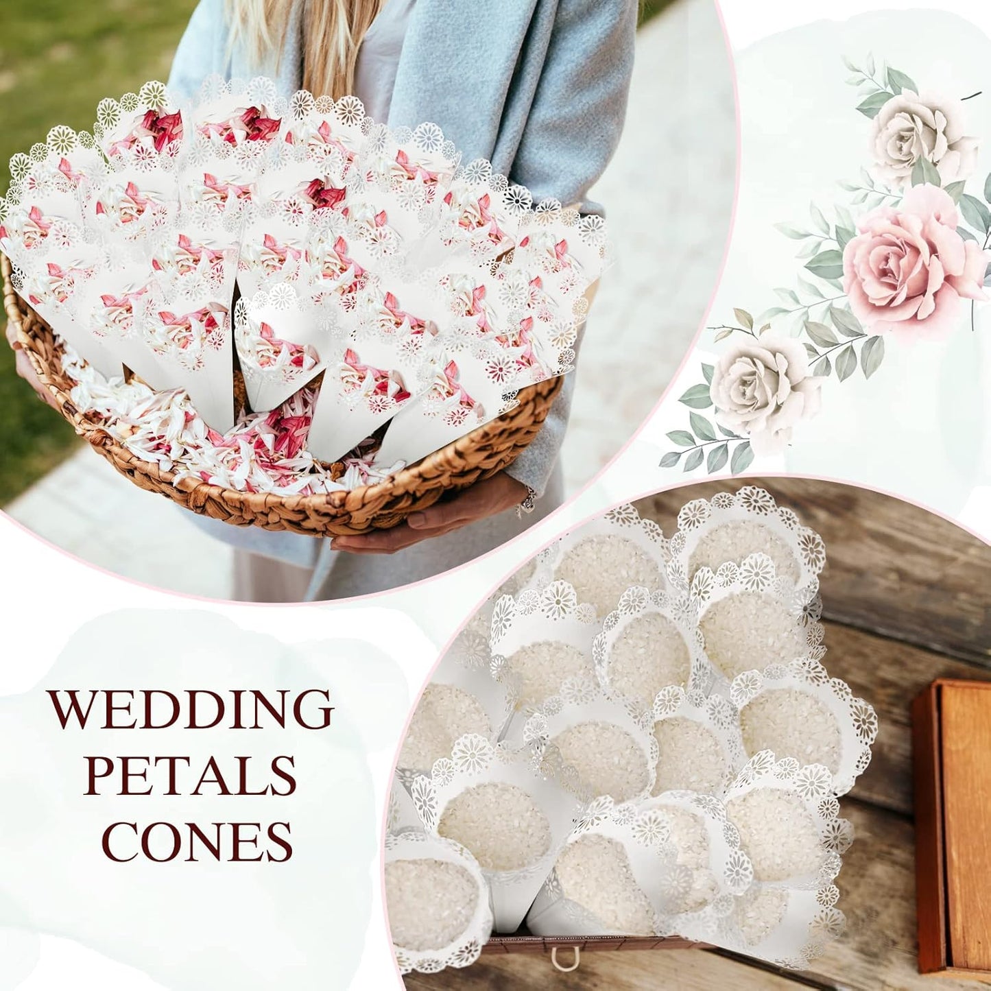 Yinsun 60pcs Wedding Confetti Cones White Hollow Paper Cone, Flower Pattern Confetti Lace Paper for Small Bouquet Rose Petal Candy Wedding Party