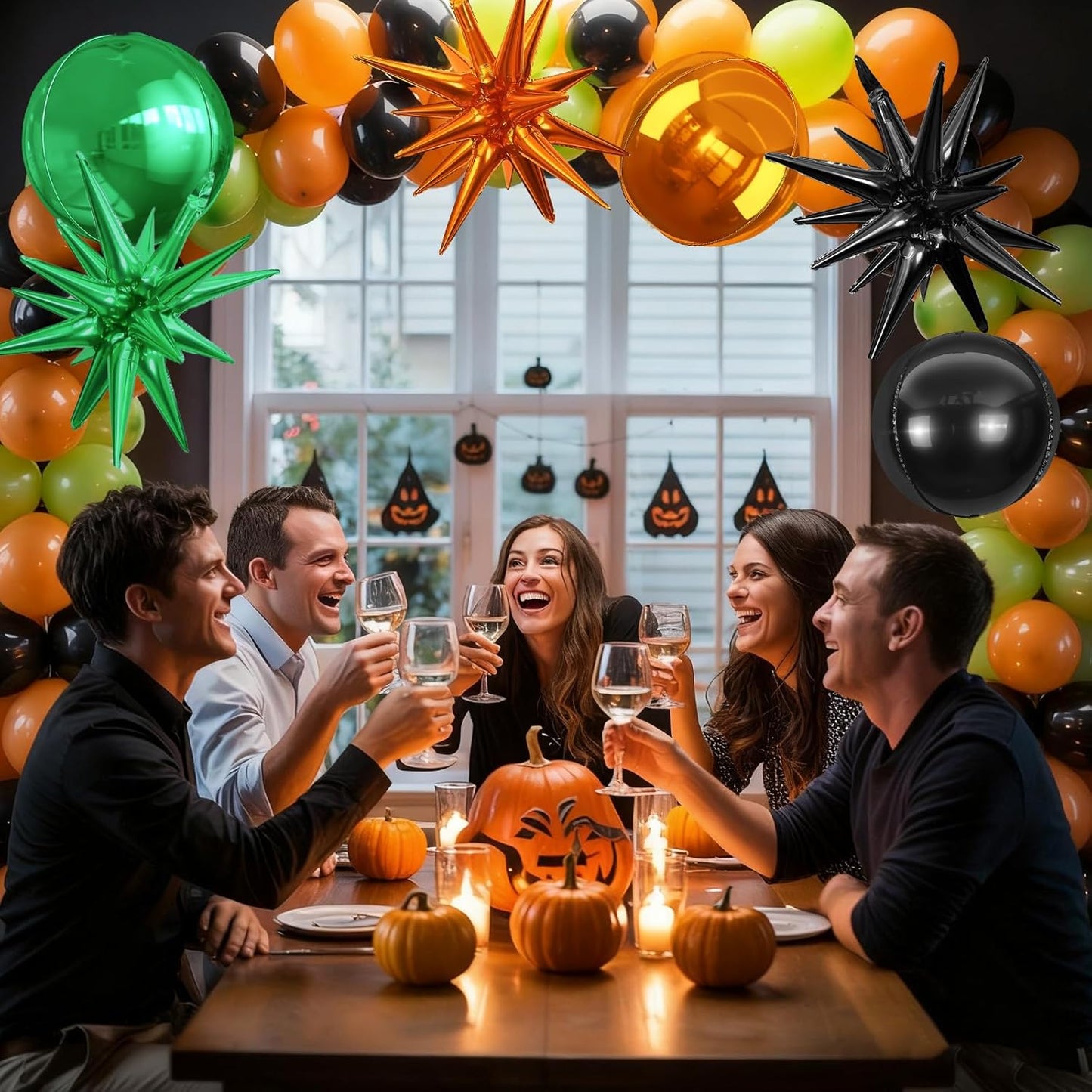 6Pcs Black Green Orange Foil Balloons,22Inch Black Orange Green 4D Round Ball Balloon and Explosion Star Balloon for Halloween Birthday Wedding Baby Shower Anniversary Party Decorations