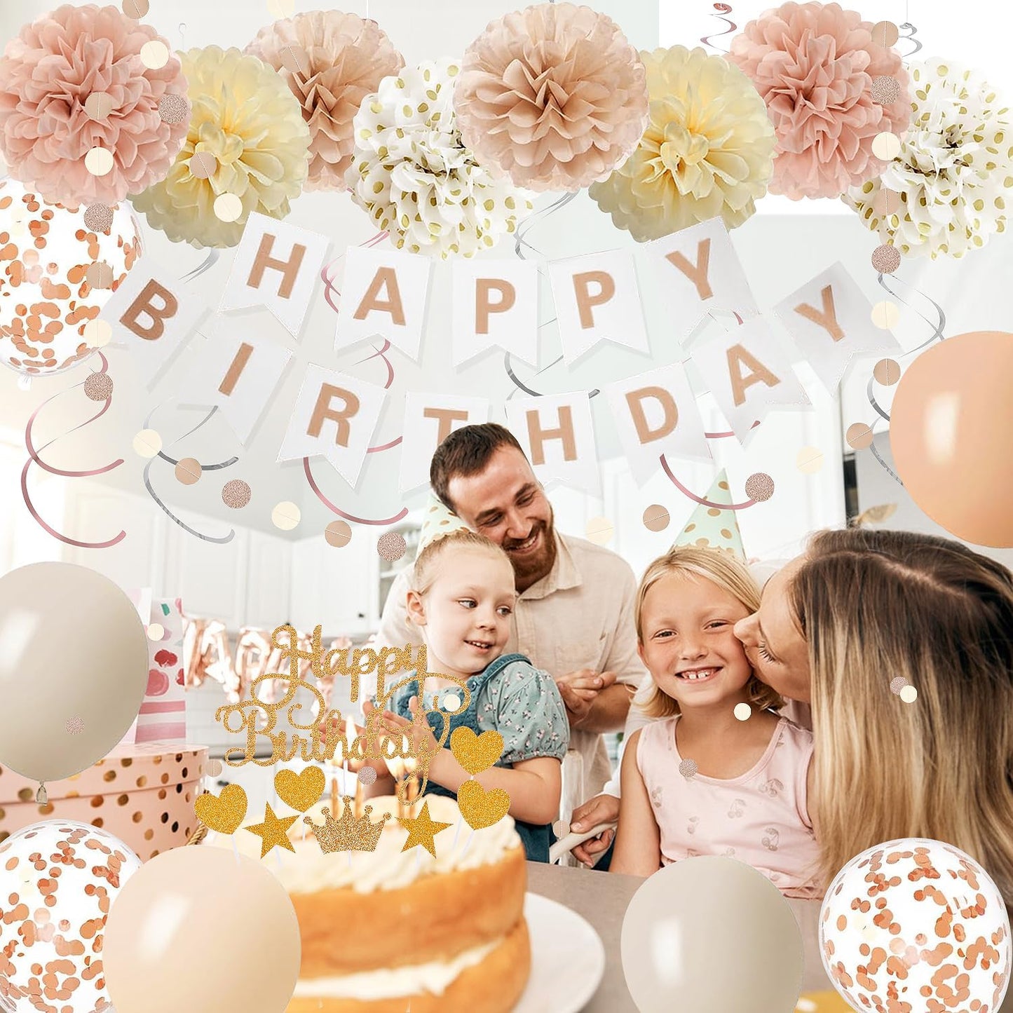 Rose Gold Birthday Party Decorations Kits with Happy Banner,Cake Topper,Hanging Swirls,Tissue Paper Pompoms,Paper Tassels Garland,Confetti Balloons for Women Girls Birthday Party