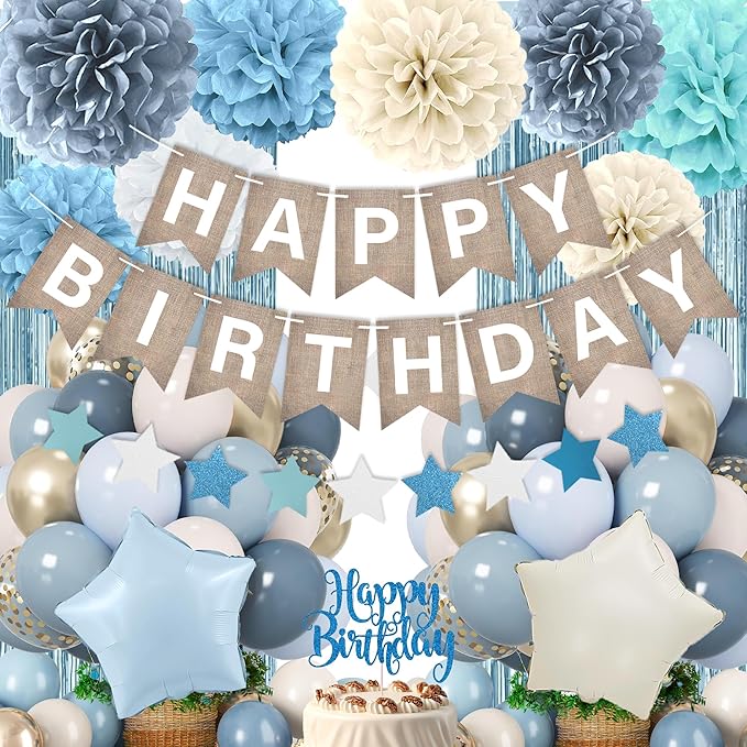 Light-Blue Birthday Decoration, Dusty Blue Sand White Confetti Foil Balloons Set With Happy Birthday Banner Fringe Curtains, Pom Poms, Blue Party Décor for Boys Girls Women Men