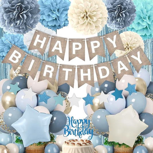 Light-Blue Birthday Decoration, Dusty Blue Sand White Confetti Foil Balloons Set With Happy Birthday Banner Fringe Curtains, Pom Poms, Blue Party Décor for Boys Girls Women Men