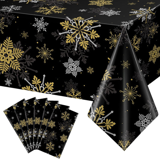 6Pcs Christmas Snowflake Party Tablecloths Decorations,Plastic Black and Gold Table Cloth,Winter Rectangle Table Cover for Christmas New Year Birthday Baby Shower Holiday Party Decorations,54x108 inch