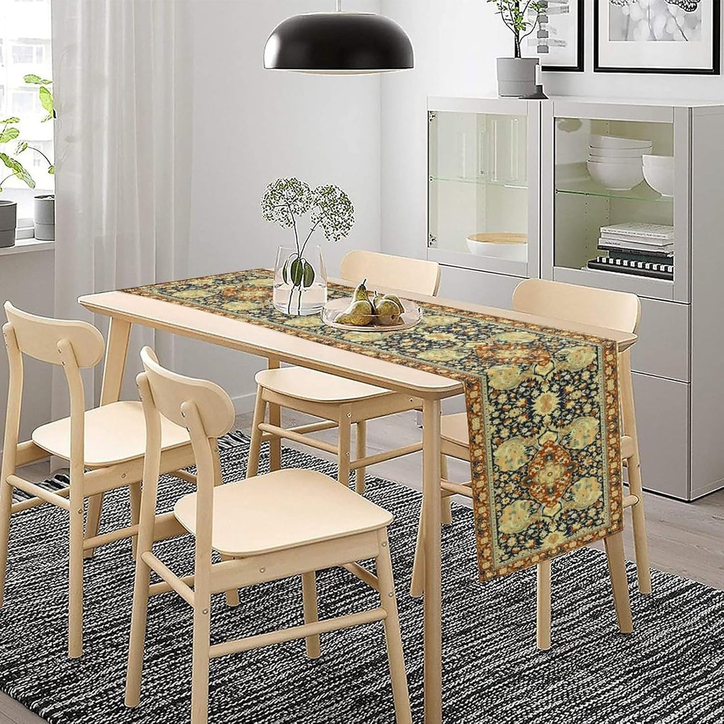 Vintage Boho Floral Table Runner, Elegant Luxurious Rustic Country Farmhouse Navy Blue Gold Retro Flower Pattern for Home Kitchen Table Decor Dining Coffee Room Party Decor 13x72in