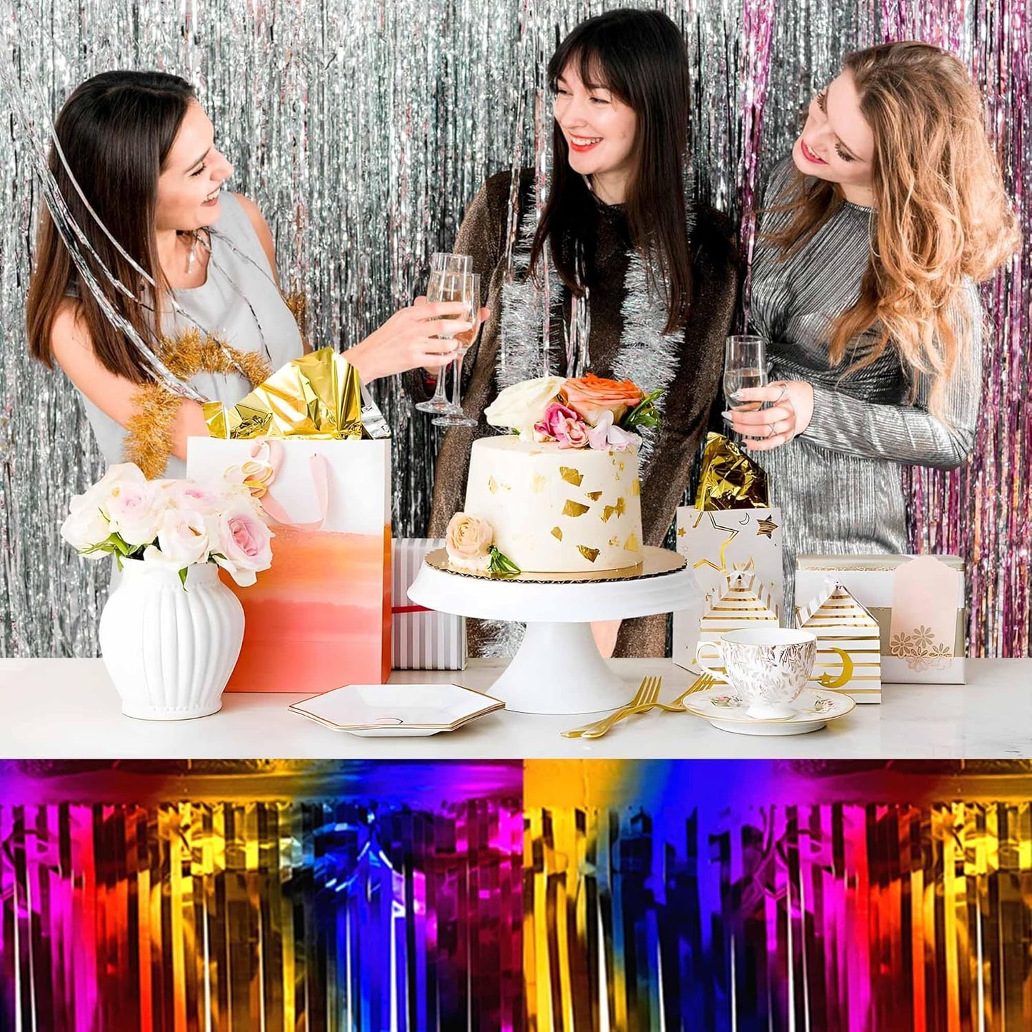 3 Pack Rainbow Foil Fringe Table Skirts Metallic Tinsel Streamers Garland Banner Backdrop for Table Decor, Parade Float, Birthday, Wedding, Halloween, Christmas Party Decorations(29x108 In)