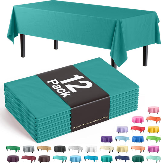 Party Solids Pack Of 12 Premium Plastic Tablecloth 54 Inch x 108 Inch Rectangle Table Cover - Teal
