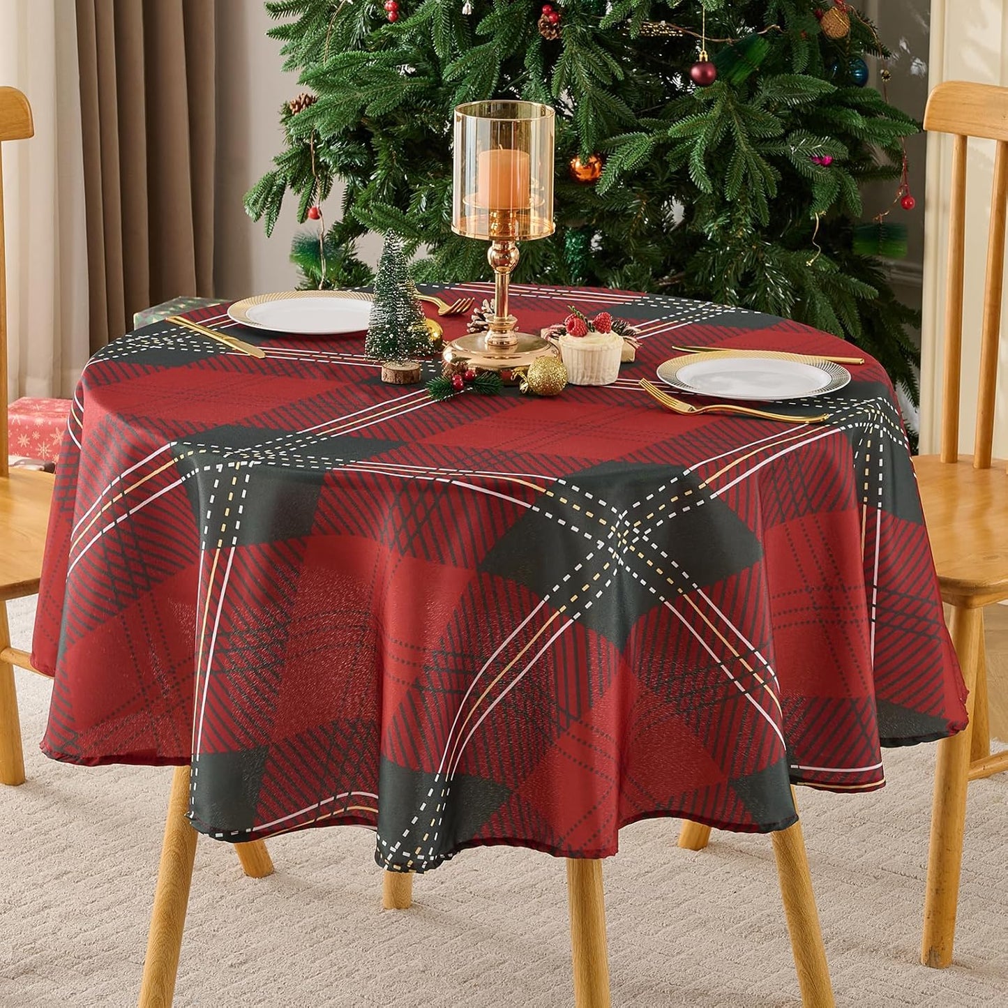 Christmas Tablecloth Round 60 Inch Waterproof, Machine Washable Checkered Polyester Table Cover for Xmas Party, Winter Holiday Home Decoration in Festive Checkered Green 1pack