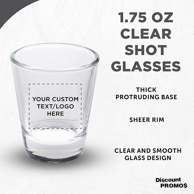 DISCOUNT PROMOS Custom Shot Glasses 1.75 oz. Set of 10/50/100, Personalized Bulk Pack - Great for Wedding Favors, Bachelorette Decorations, Party Favors - Clear Bottom Color