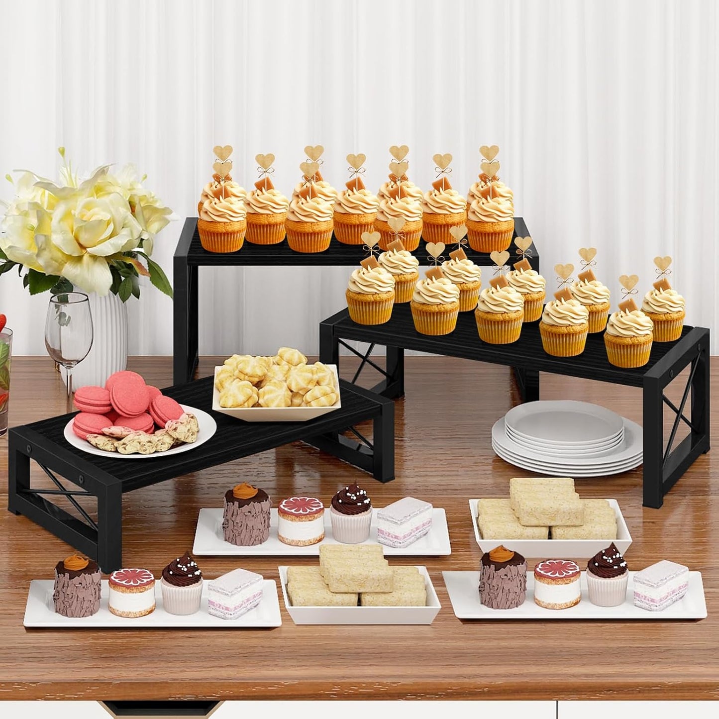 ELITEROO Black 3-Tier Wooden Cupcake and Dessert Display Stand, Multi-Tier Riser for Cupcakes, Food, Perfume, Makeup, Dolls, Collectibles, and Market Vendor Retail Shelf Organizer