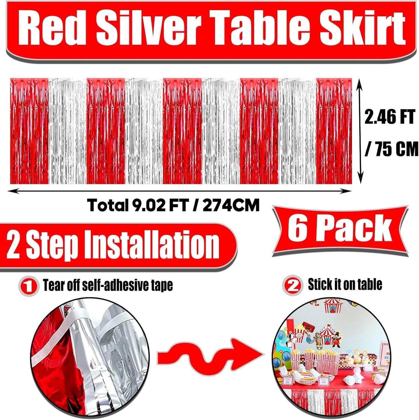 6 Pack 29x108 Inch Red Silver Metallic Foil Fringe Tinsel Table Skirts for Rectangle Tables Streamer for Wedding, Parade Floats, Circus Welcome Carnival Birthday Valentine's Day Party Decoration