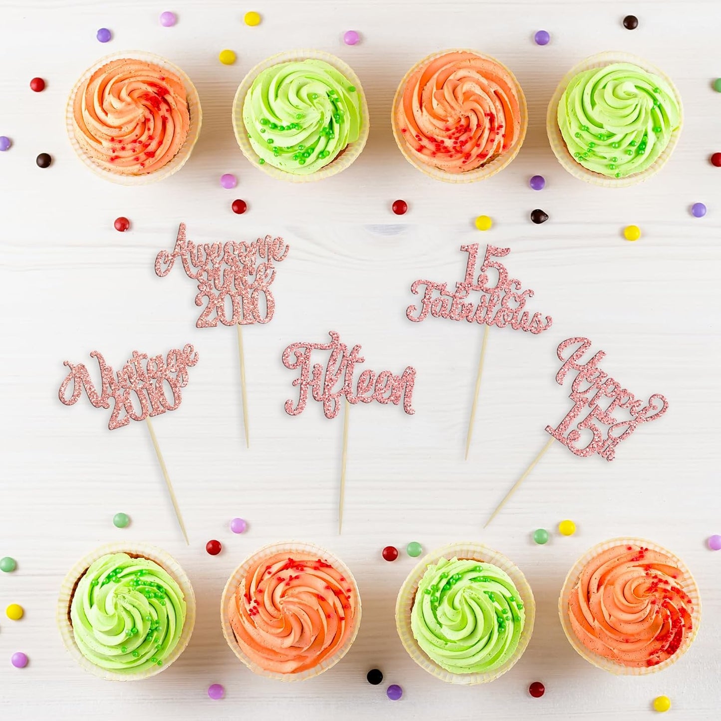 30Pcs Vintage 2010 Cupcake Toppers Glitter Fifteen 15 Fabulous Happy 15th Birthday Cupcake Picks Cheers to 15 Years for 15th Birthday Anniversary Party Cake Decorations Supplies Rose Gold